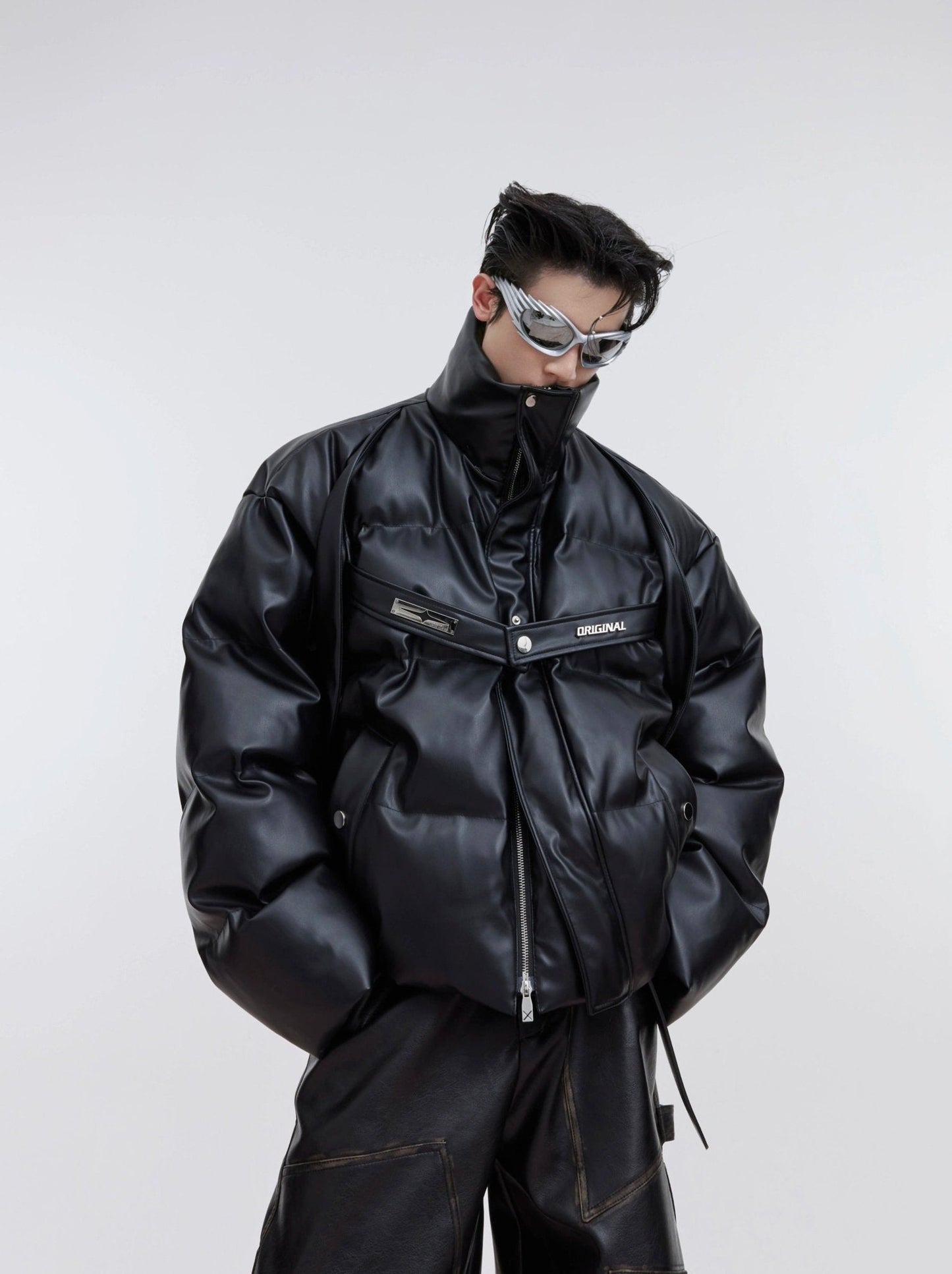 Unique Deconstructed Short Faux Leather Puffer Jacket | Metallic Tie Design