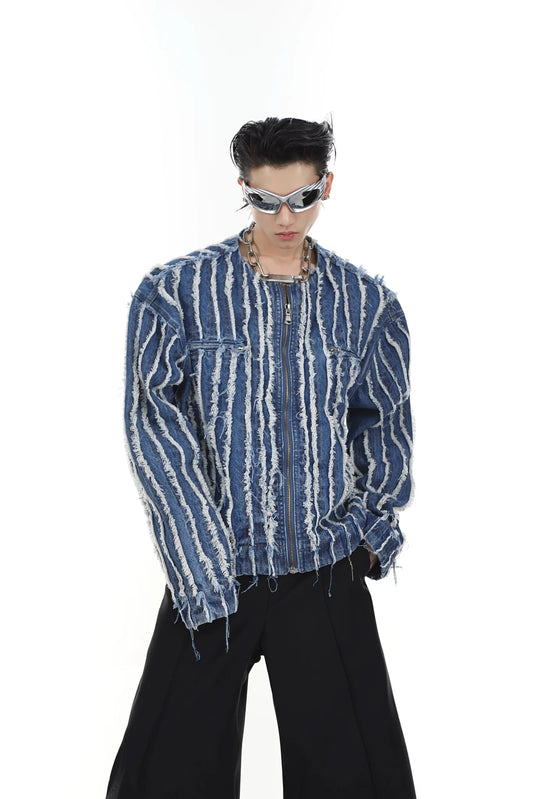 Unique Heavyweight Striped Fringe Denim Jacket | Collarless Washed Top