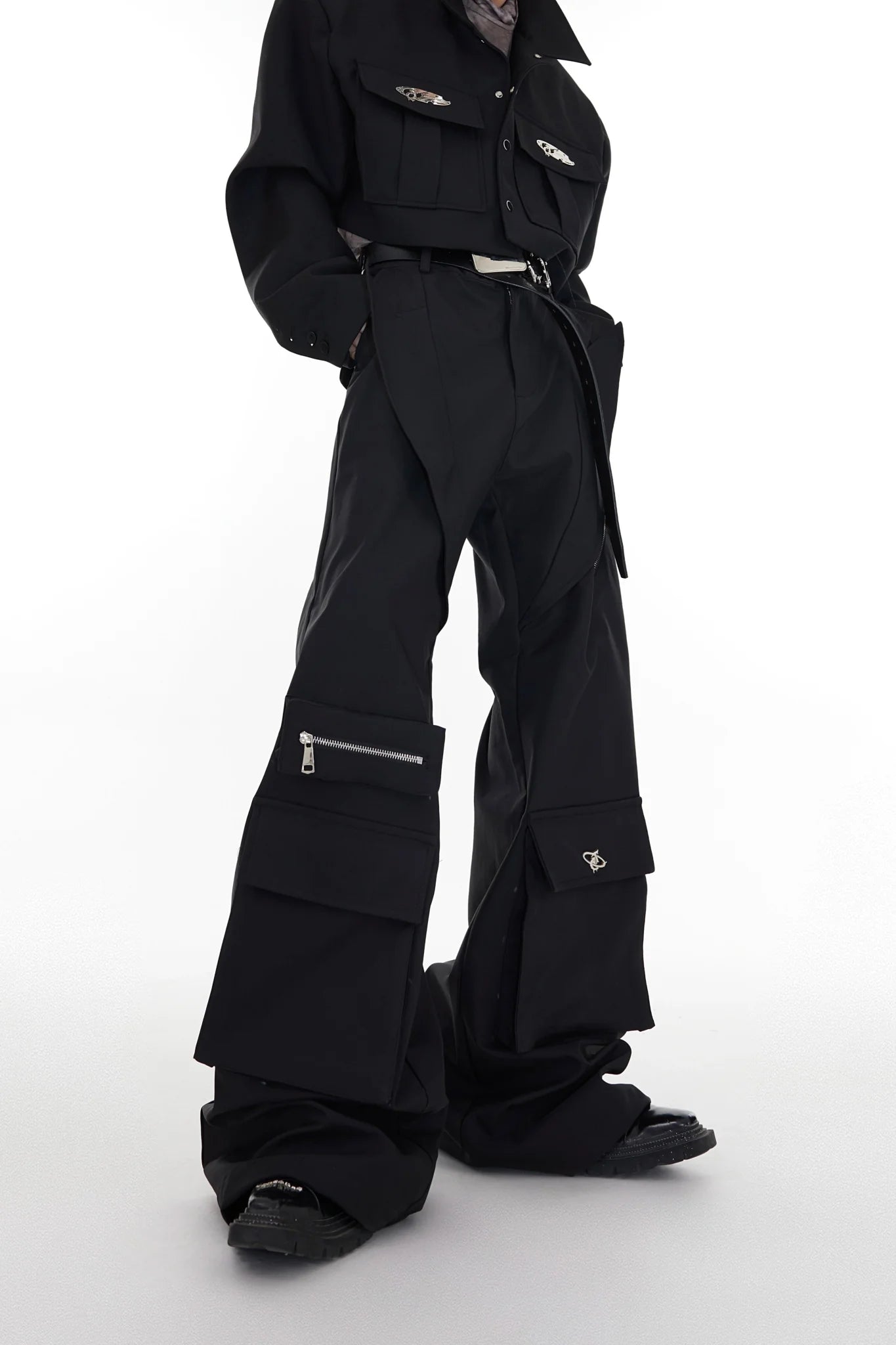 Unique High-Waisted Flared Cargo Pants with Multi Pocket for Men