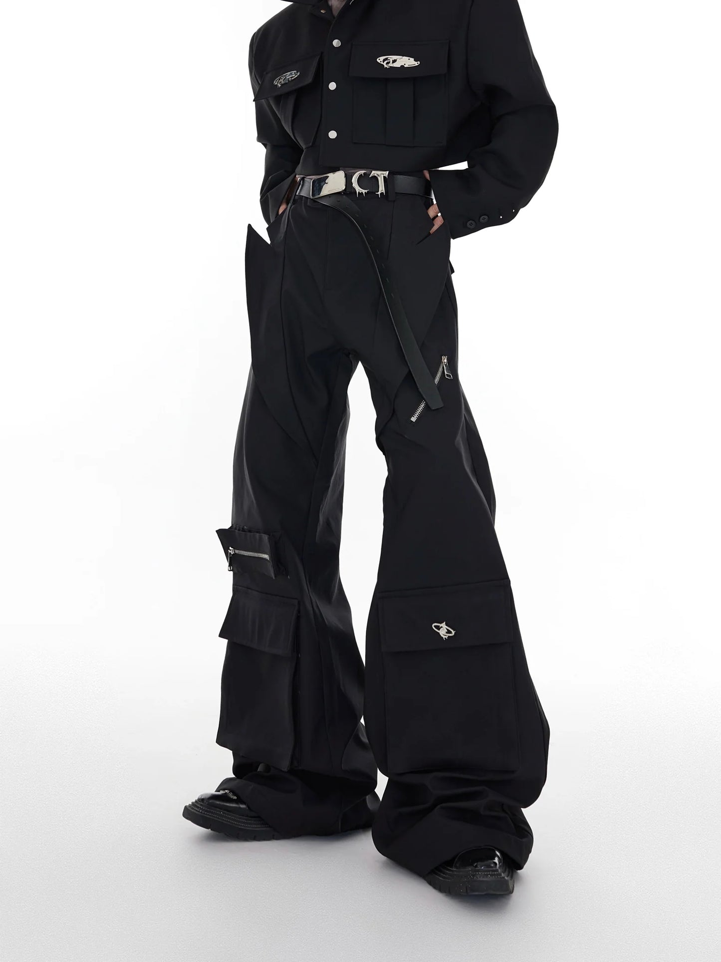 Unique High-Waisted Flared Cargo Pants with Multi Pocket for Men