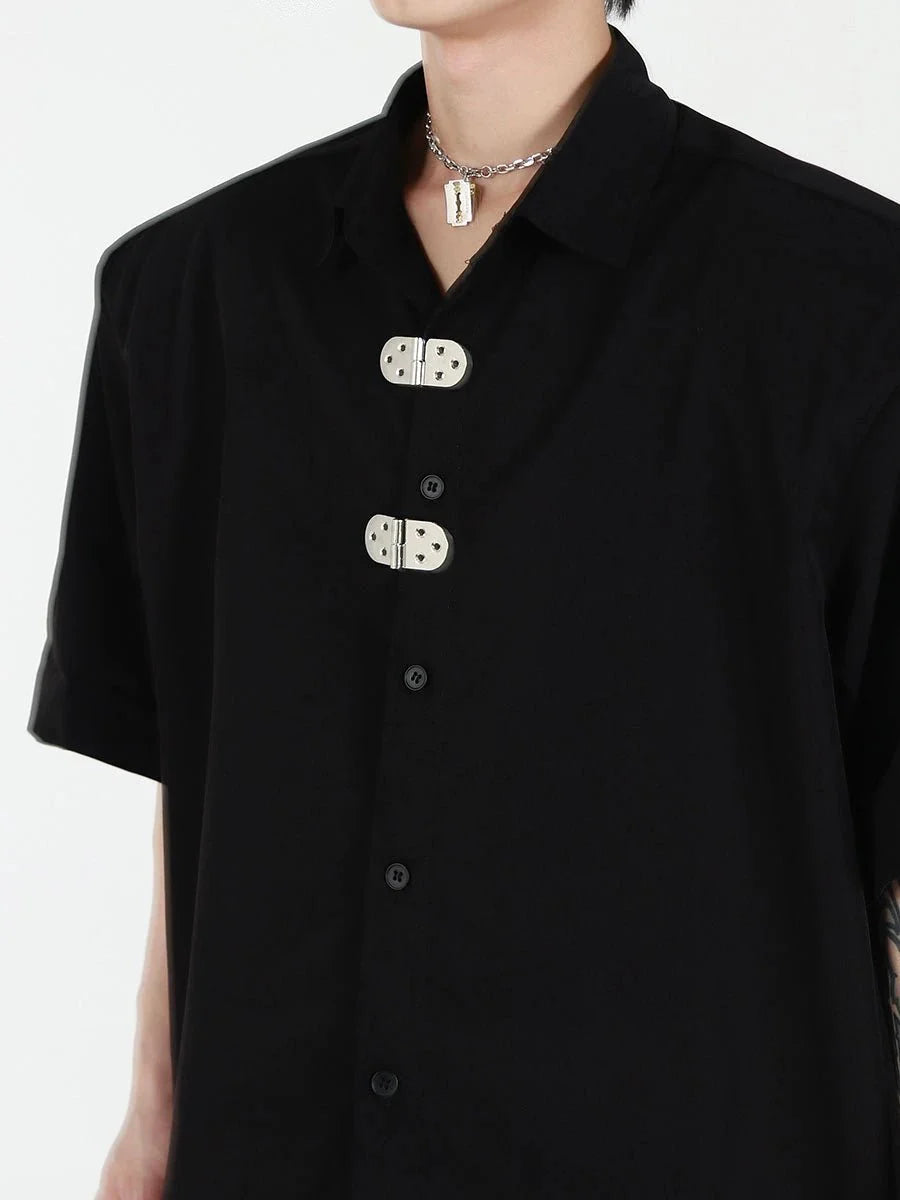 Unique Loose Short-Sleeve Shirt with Metallic Buckle and Shoulder Pads