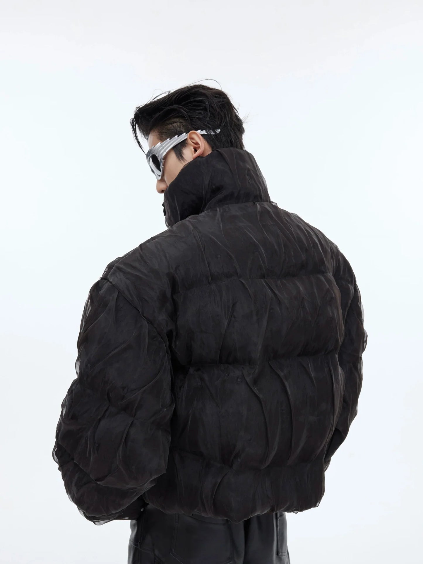 Unique Pleated Texture Puffer Jacket with Metallic Shine | Stand Collar Men's Jacket