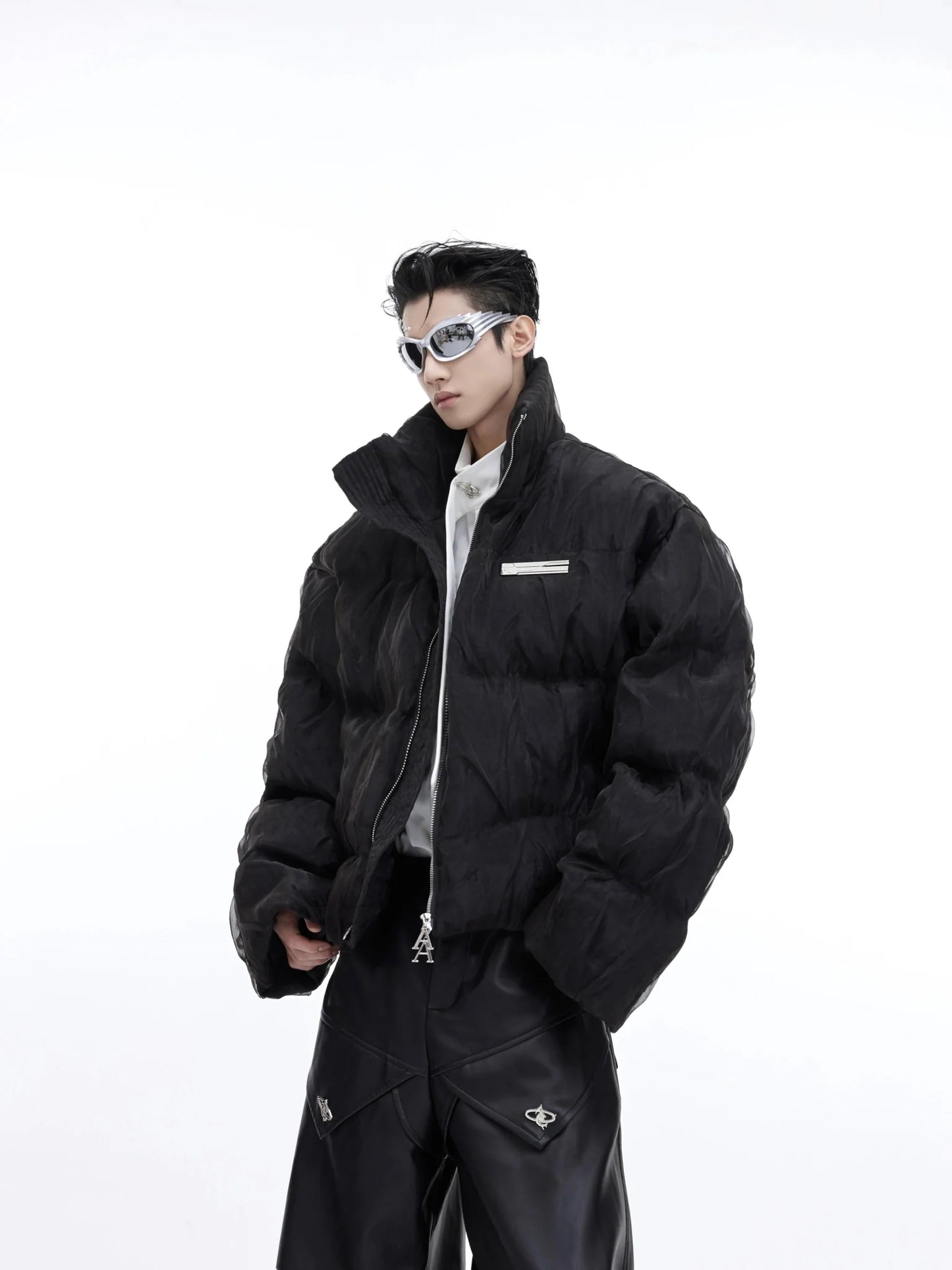 Unique Pleated Texture Puffer Jacket with Metallic Shine | Stand Collar Men's Jacket