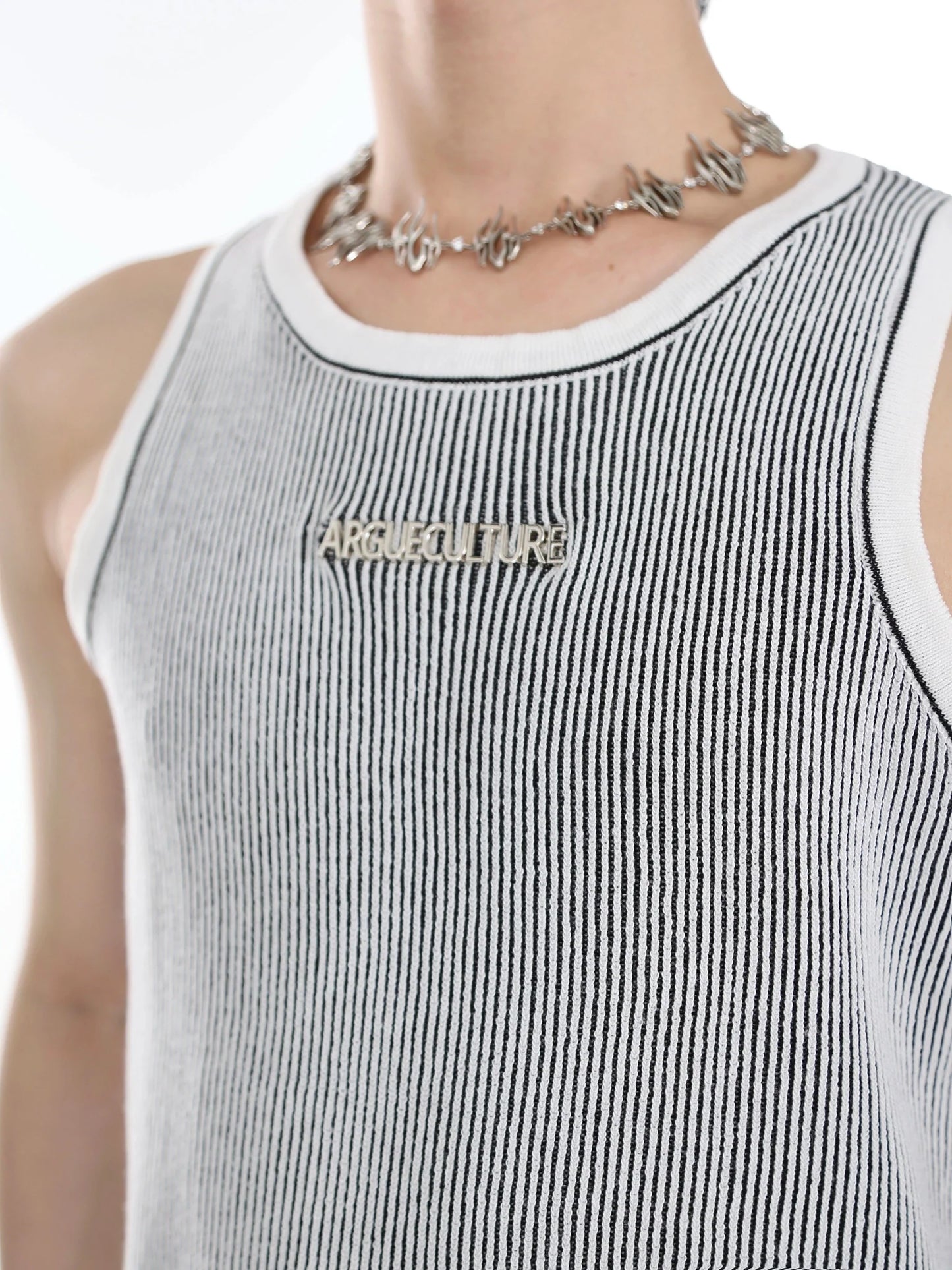 Unique Slim-Fit Knit Tank Top with Metallic Logo & Textured Stripes