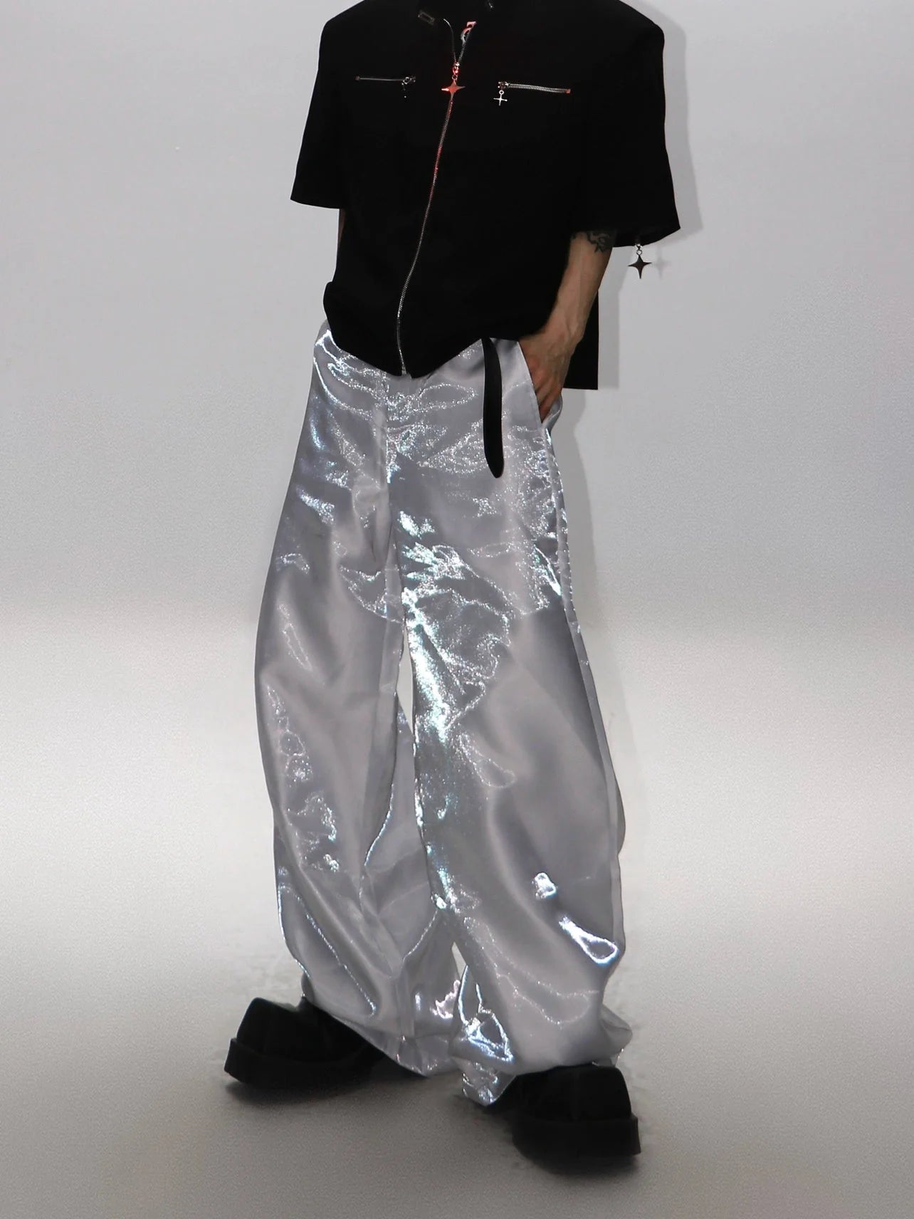 Unisex Avant-Garde Metallic Sheen Wide-Leg Pants with High Waist