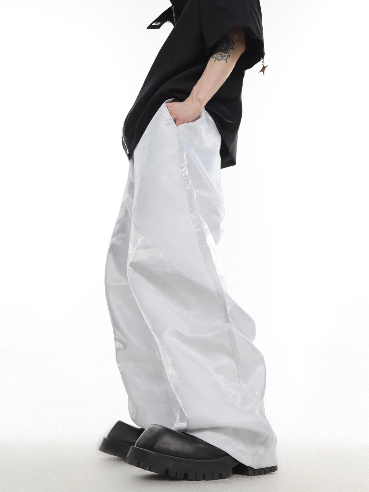 Unisex Avant-Garde Metallic Sheen Wide-Leg Pants with High Waist