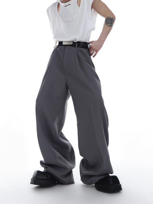 Unisex Twill Pleated Wide-Leg Suit Pants with Casual Minimalism