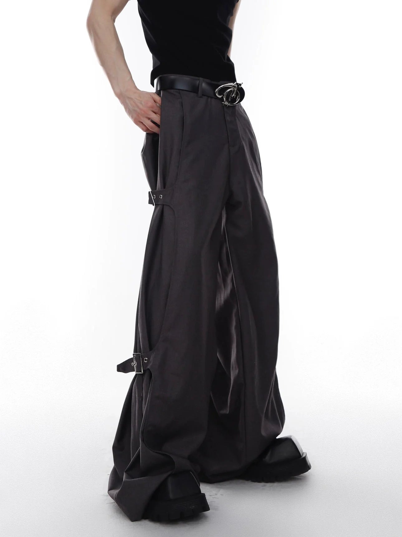 Unisex Wide-Leg Casual Pants with Spliced Belt and Metal Embellish