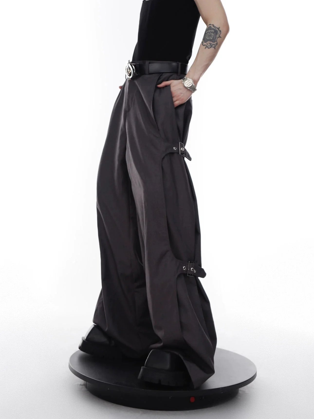 Unisex Wide-Leg Casual Pants with Spliced Belt and Metal Embellish