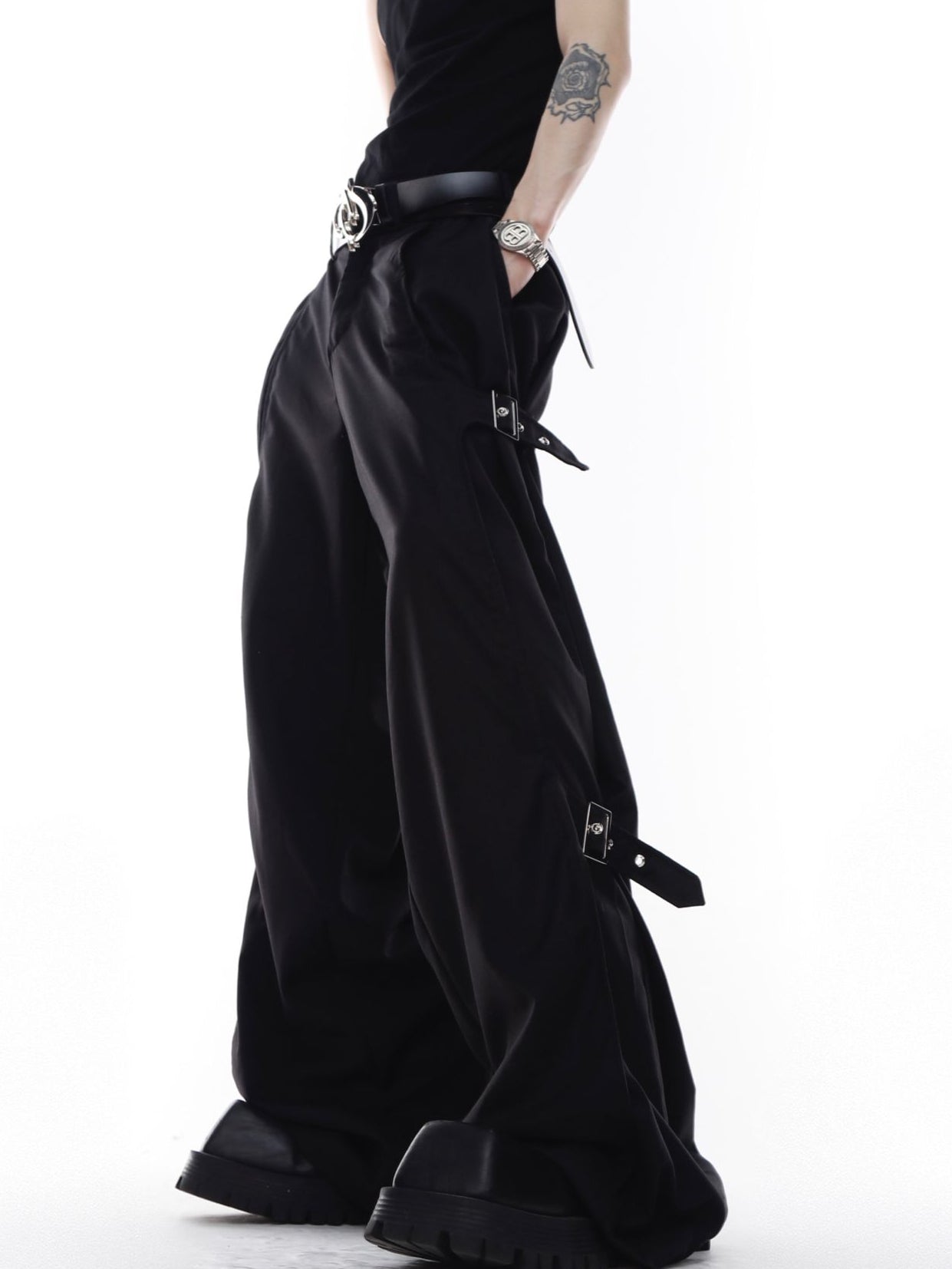 Unisex Wide-Leg Casual Pants with Spliced Belt and Metal Embellish