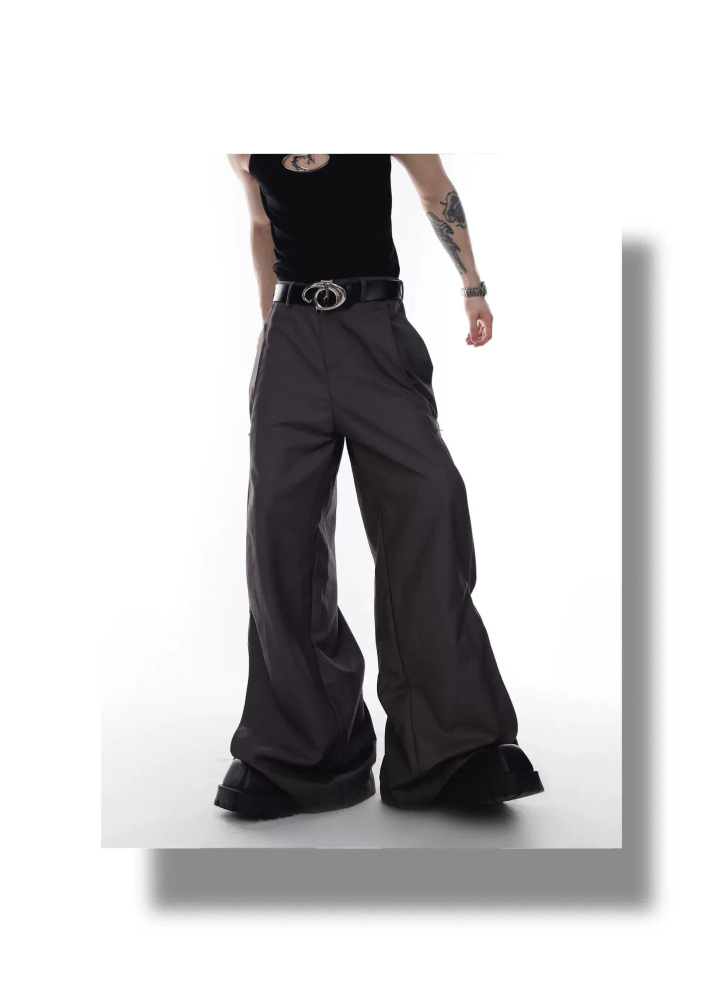 Unisex Wide-Leg Casual Pants with Spliced Belt and Metal Embellish