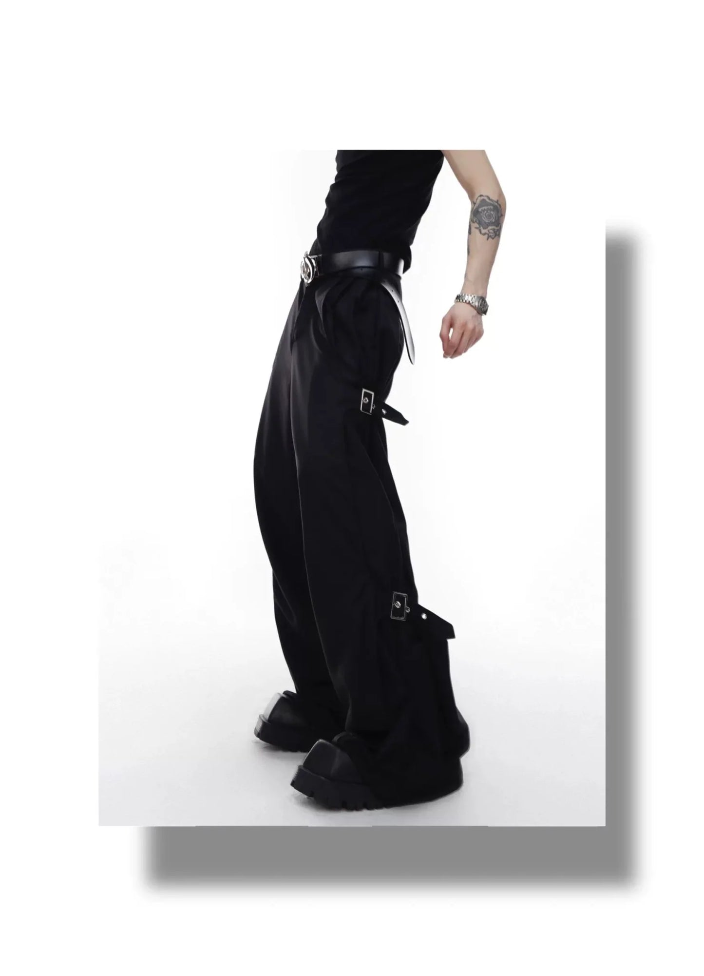 Unisex Wide-Leg Casual Pants with Spliced Belt and Metal Embellish