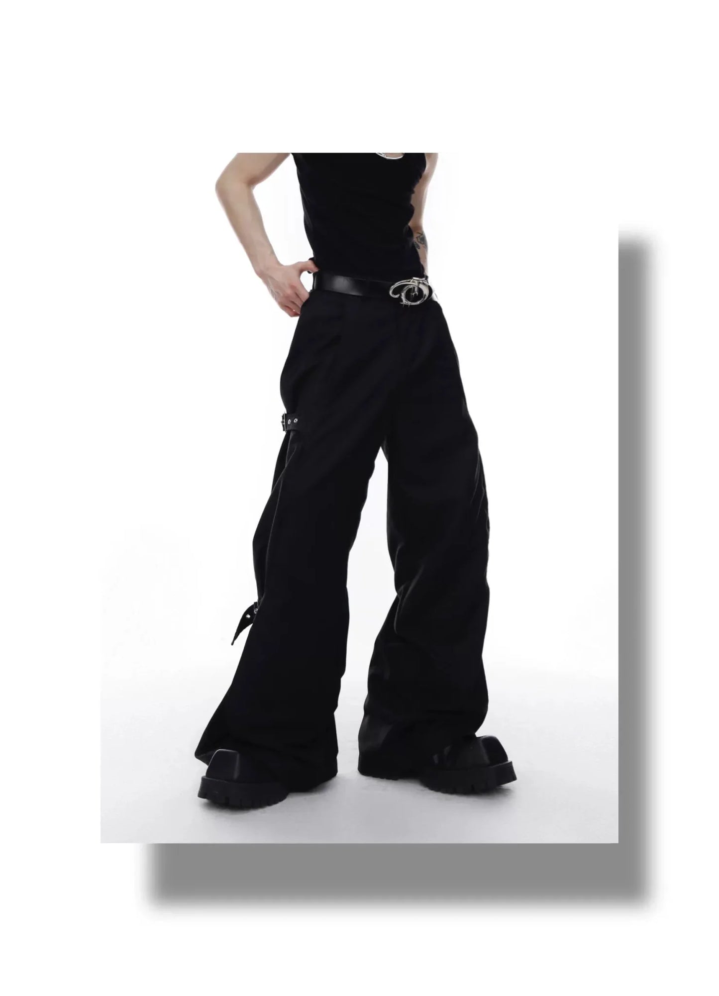 Unisex Wide-Leg Casual Pants with Spliced Belt and Metal Embellish