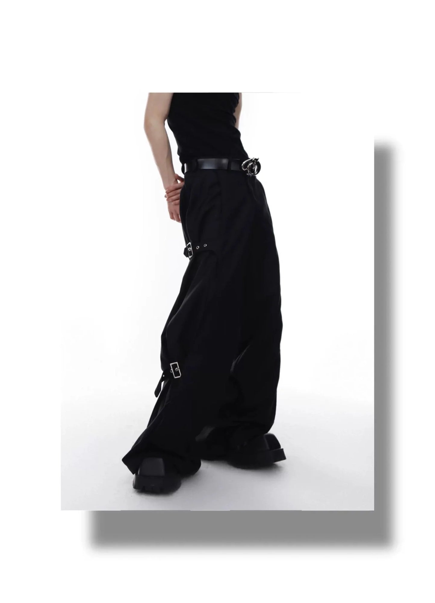 Unisex Wide-Leg Casual Pants with Spliced Belt and Metal Embellish