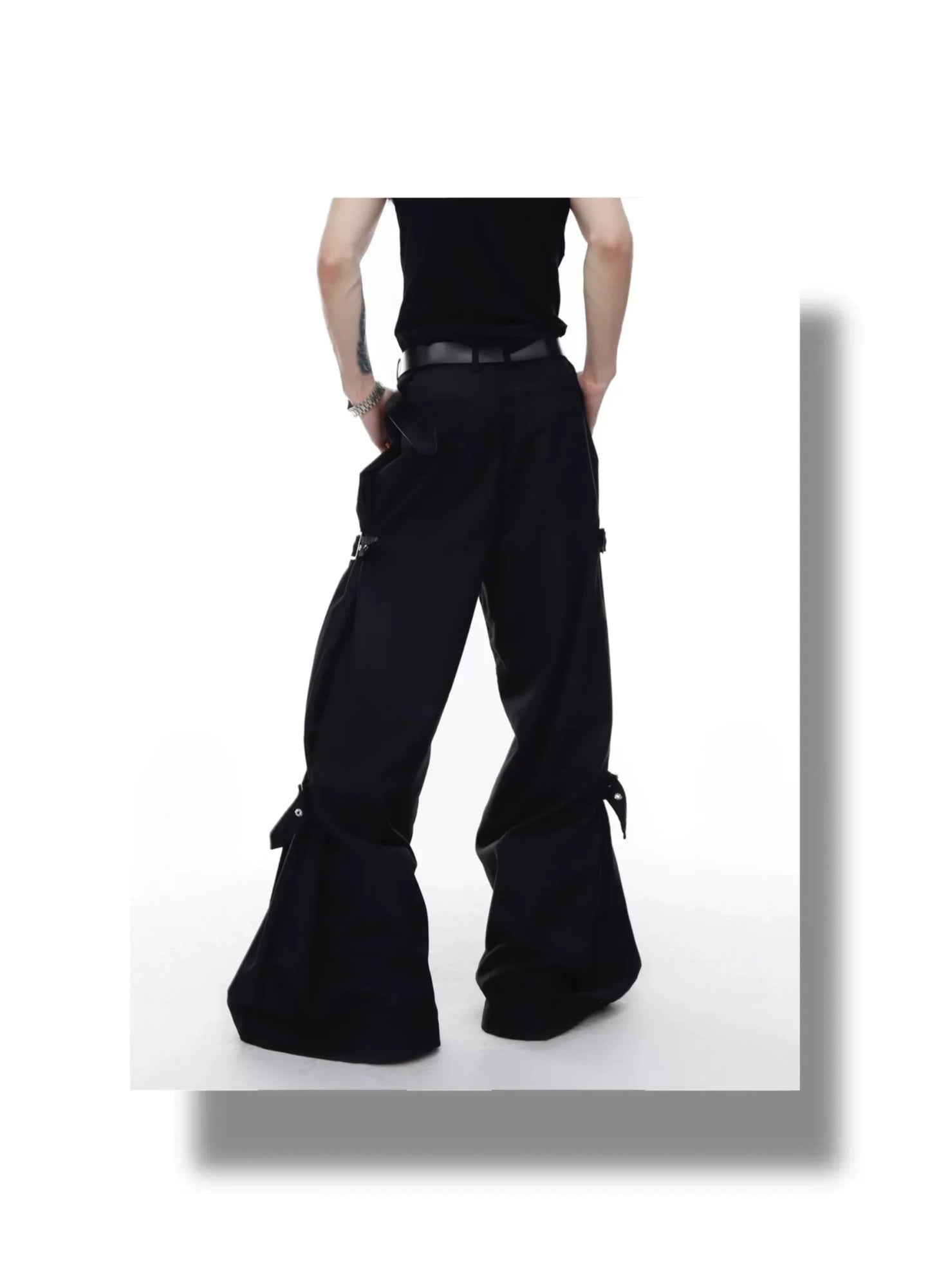 Unisex Wide-Leg Casual Pants with Spliced Belt and Metal Embellish