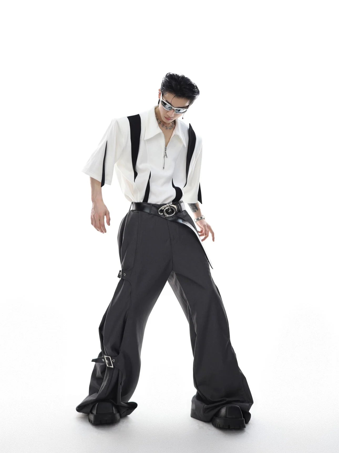 Unisex Wide-Leg Casual Pants with Spliced Belt and Metal Embellish