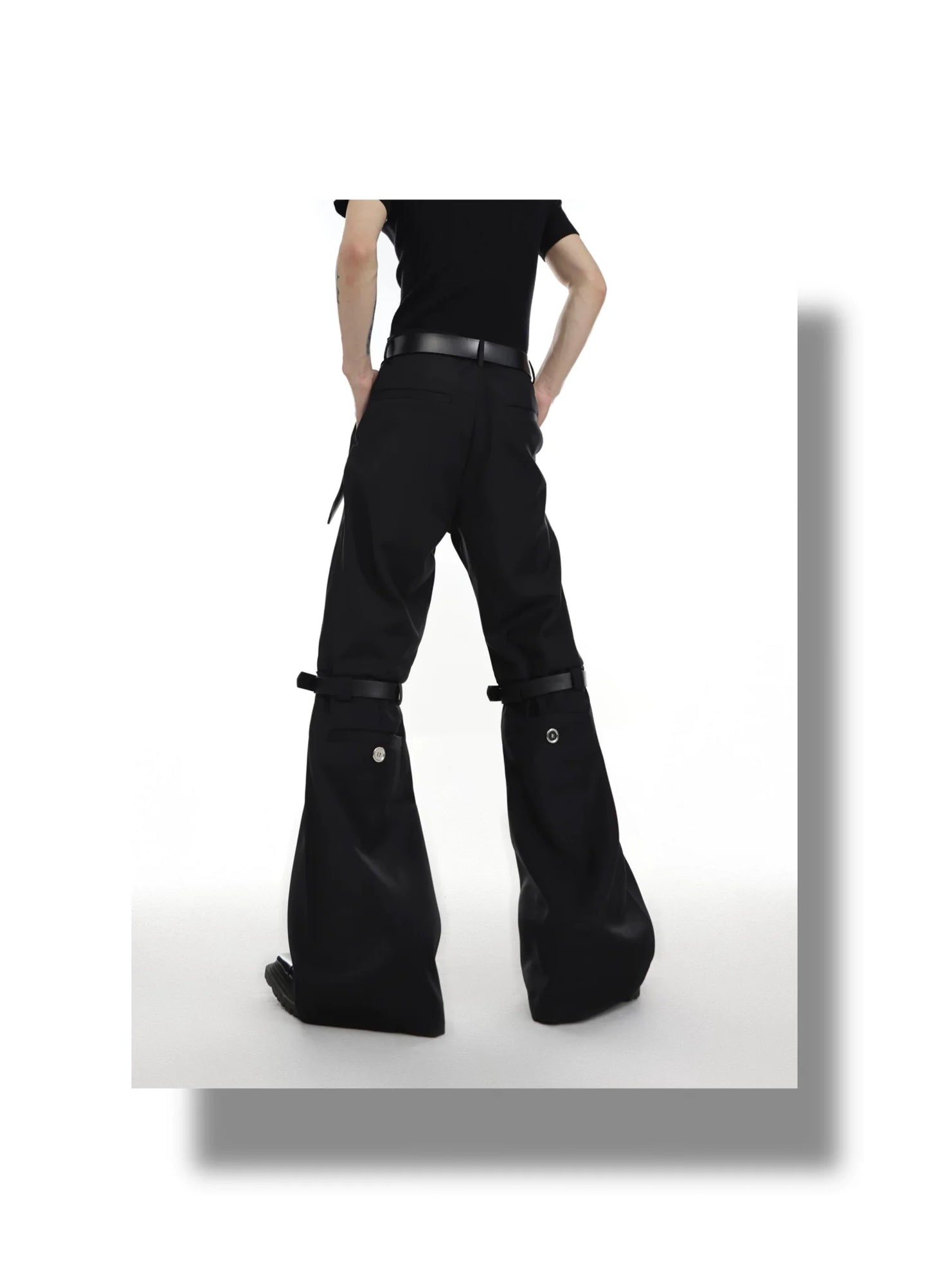 Versatile Flared Pants with Spilced Blet and Metal Button Detail