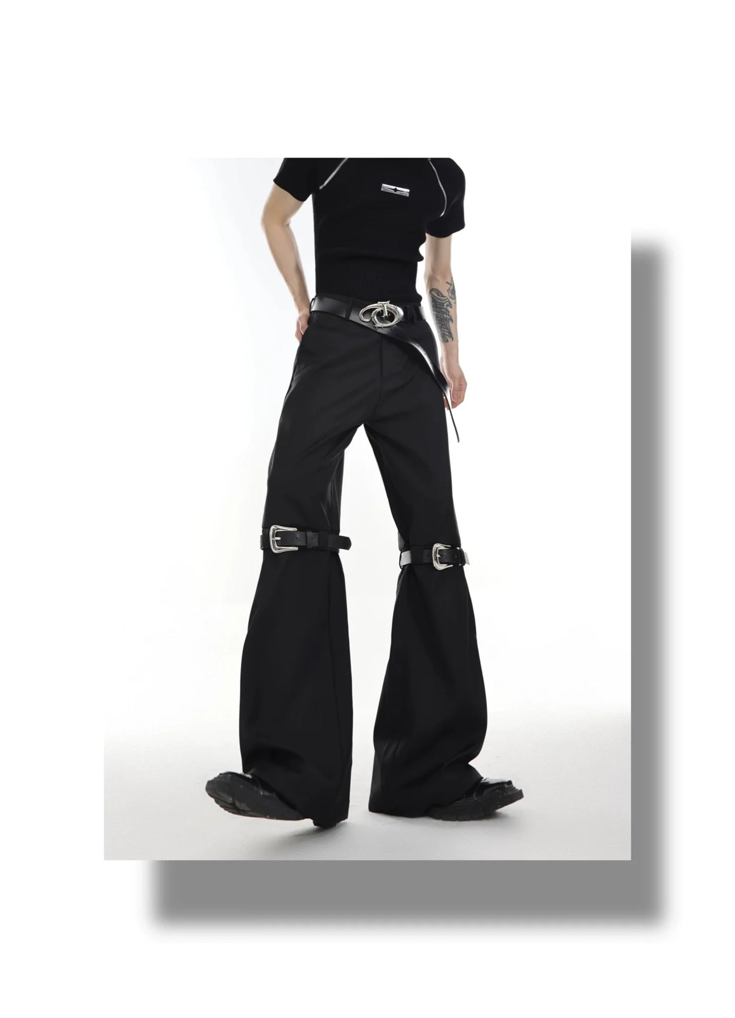 Versatile Flared Pants with Spilced Blet and Metal Button Detail