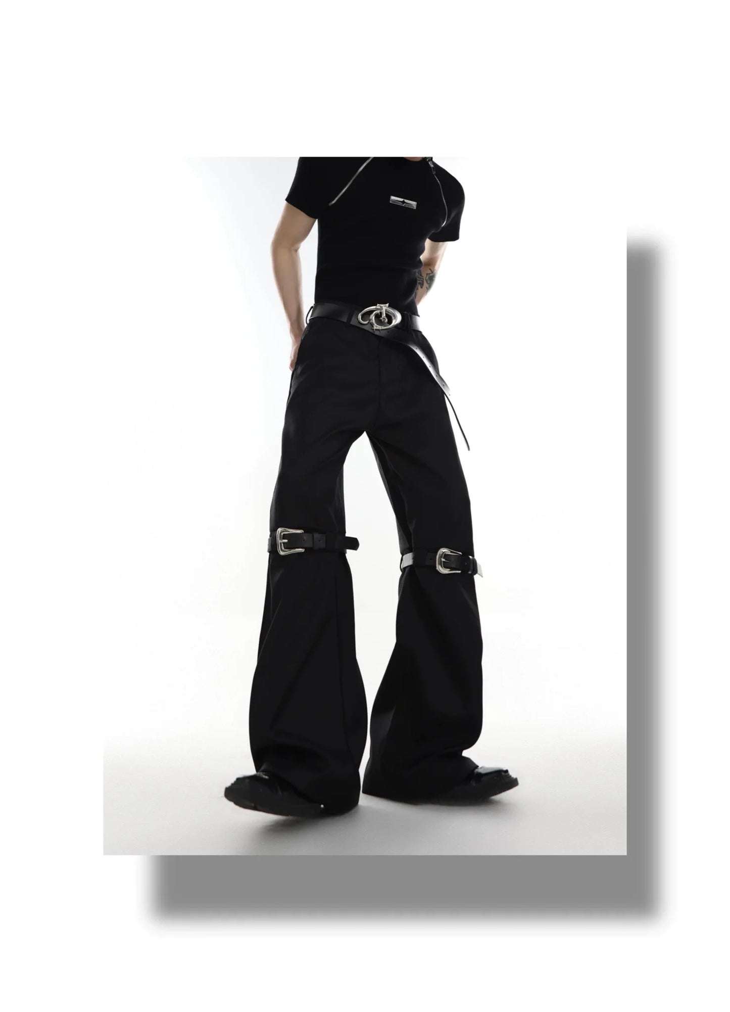 Versatile Flared Pants with Spilced Blet and Metal Button Detail