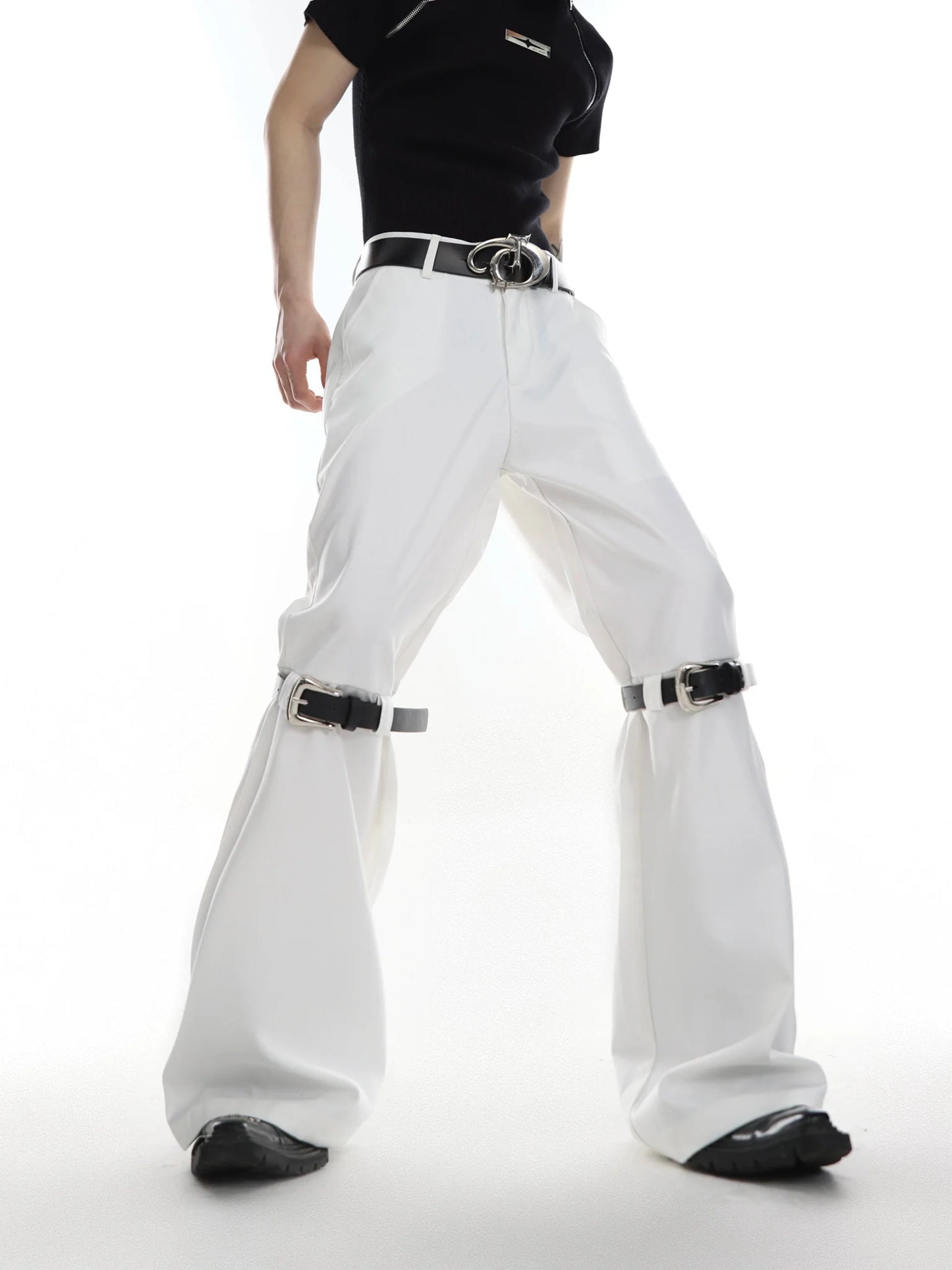 Versatile Flared Pants with Spilced Blet and Metal Button Detail