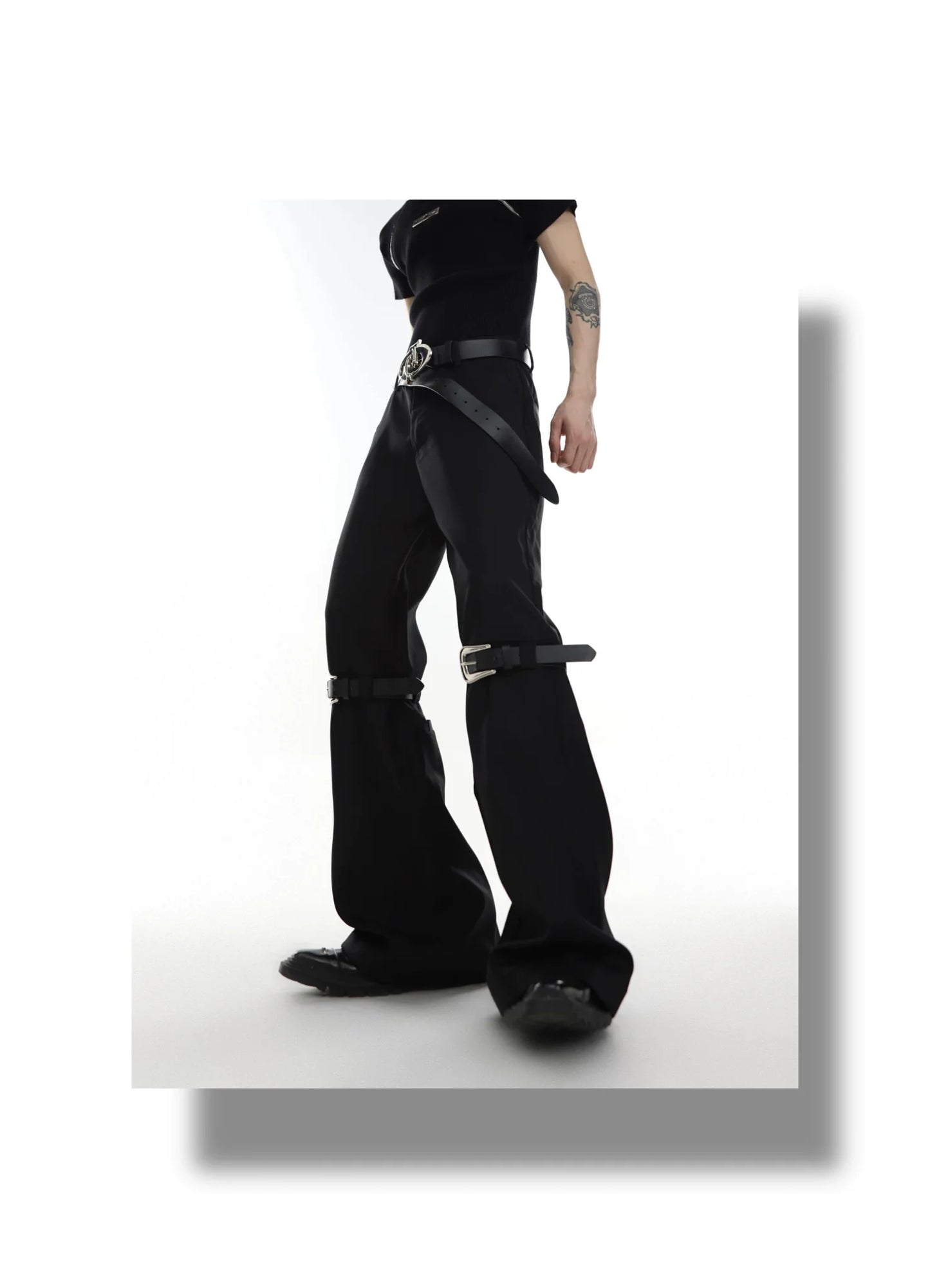 Versatile Flared Pants with Spilced Blet and Metal Button Detail