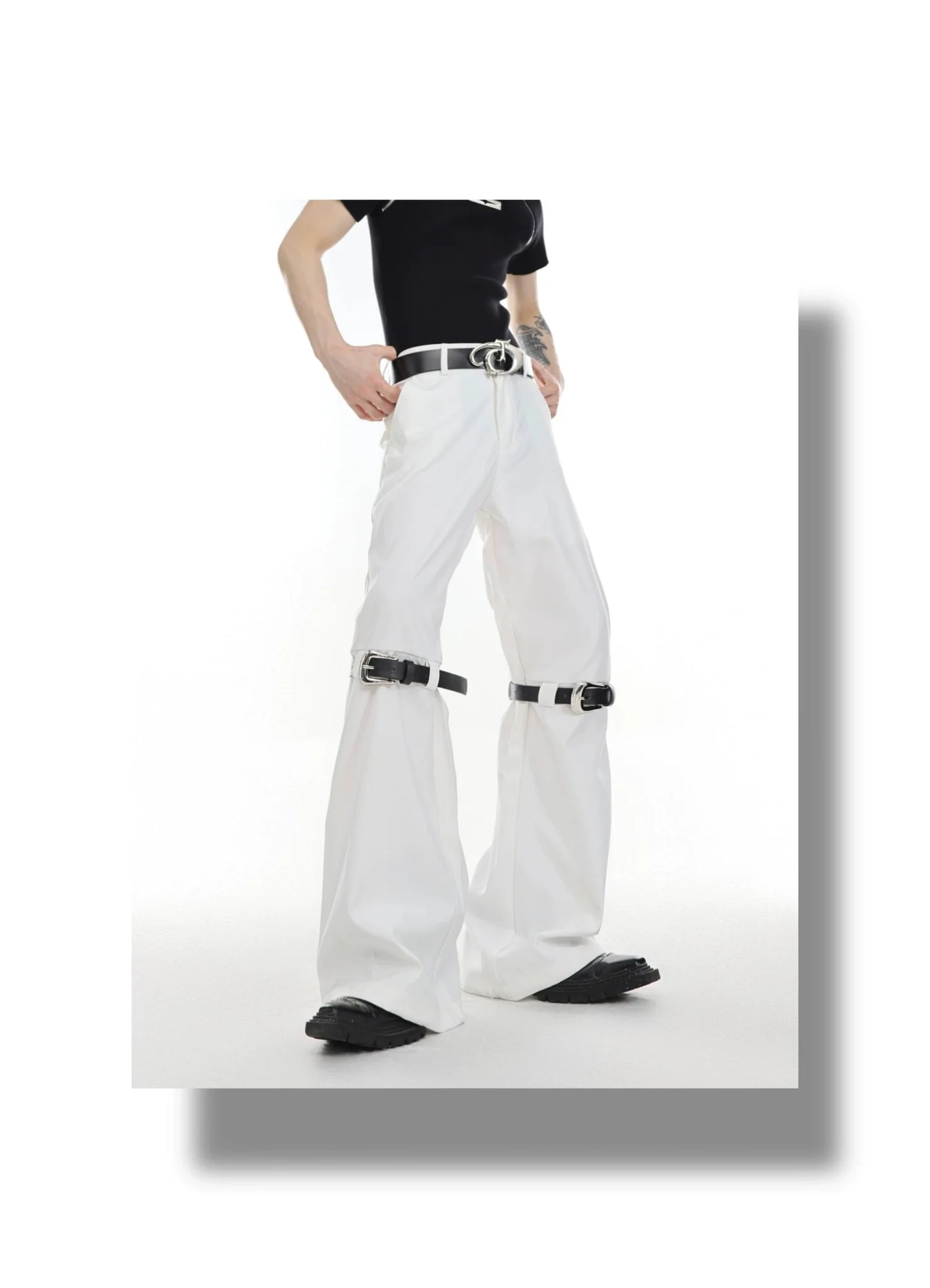 Versatile Flared Pants with Spilced Blet and Metal Button Detail