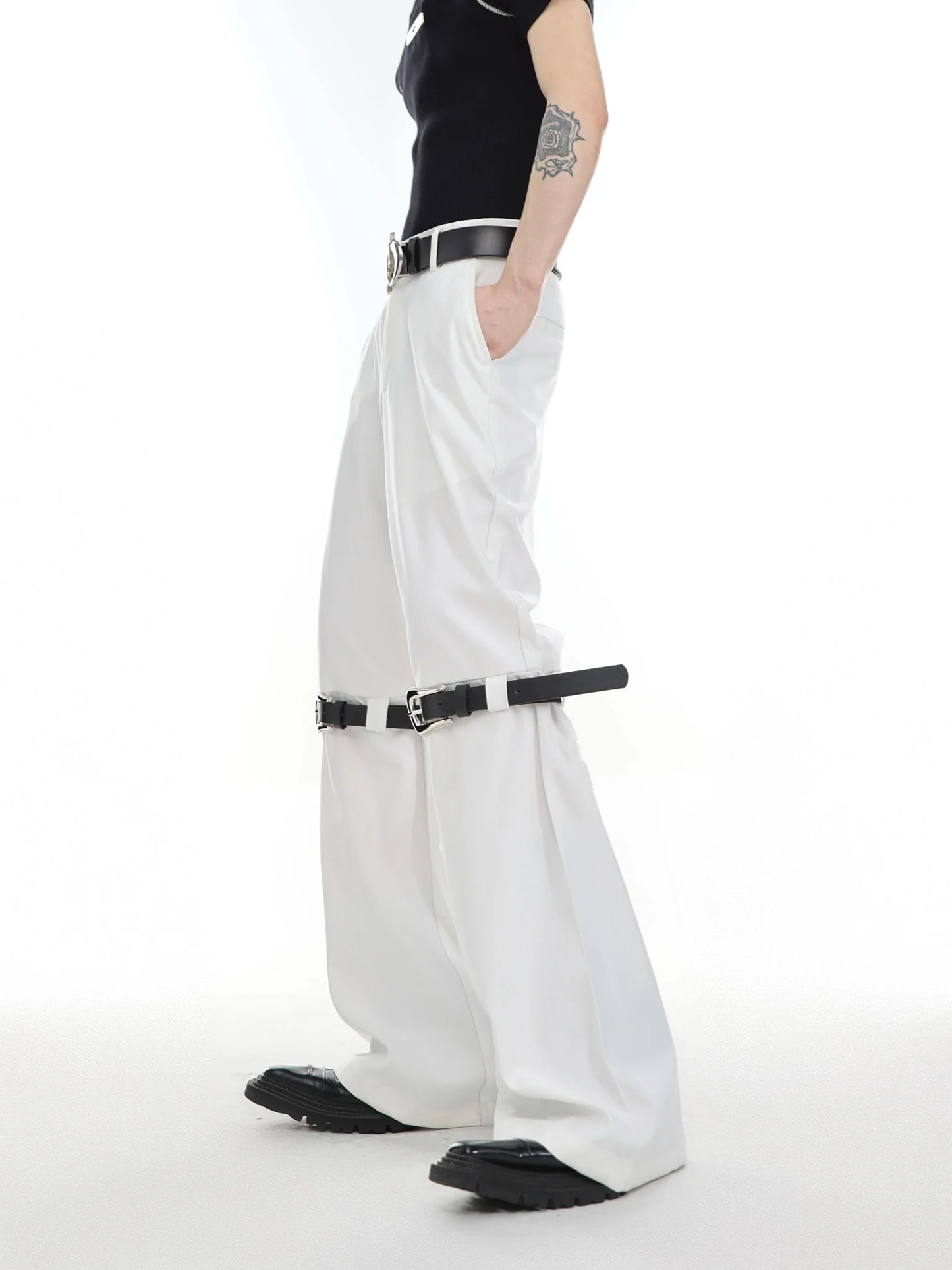 Versatile Flared Pants with Spilced Blet and Metal Button Detail