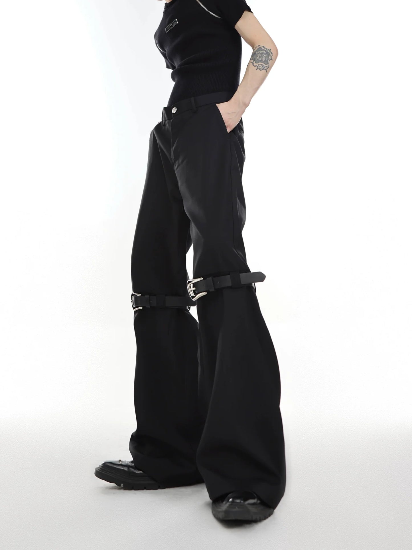 Versatile Flared Pants with Spilced Blet and Metal Button Detail