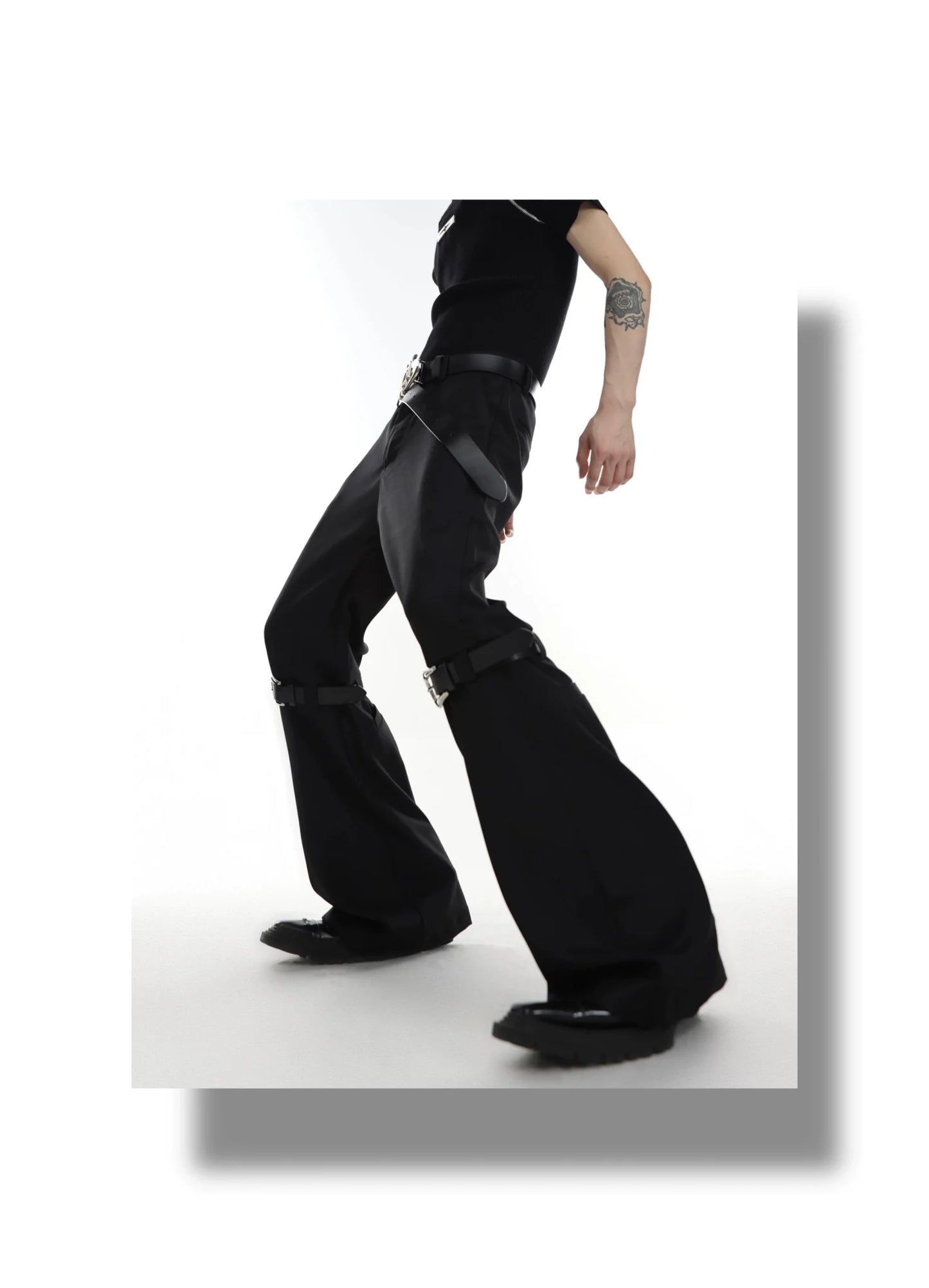 Versatile Flared Pants with Spilced Blet and Metal Button Detail