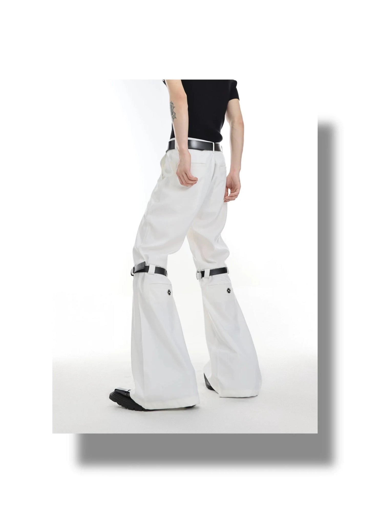 Versatile Flared Pants with Spilced Blet and Metal Button Detail