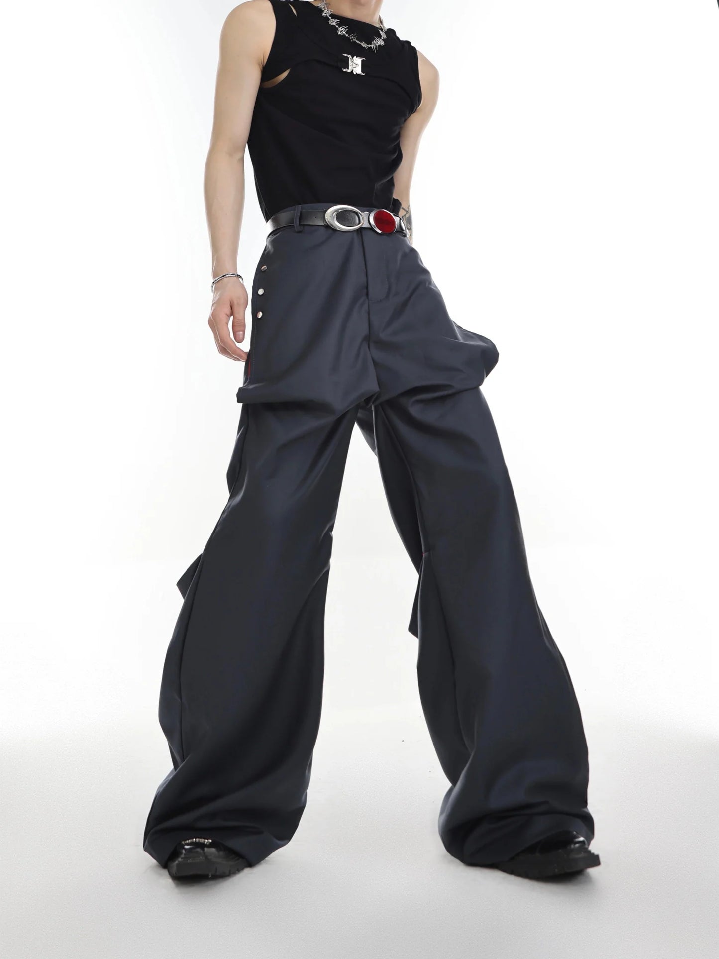 Versatile High-Waisted Flared Pants with Spliced and Metal Button Detail