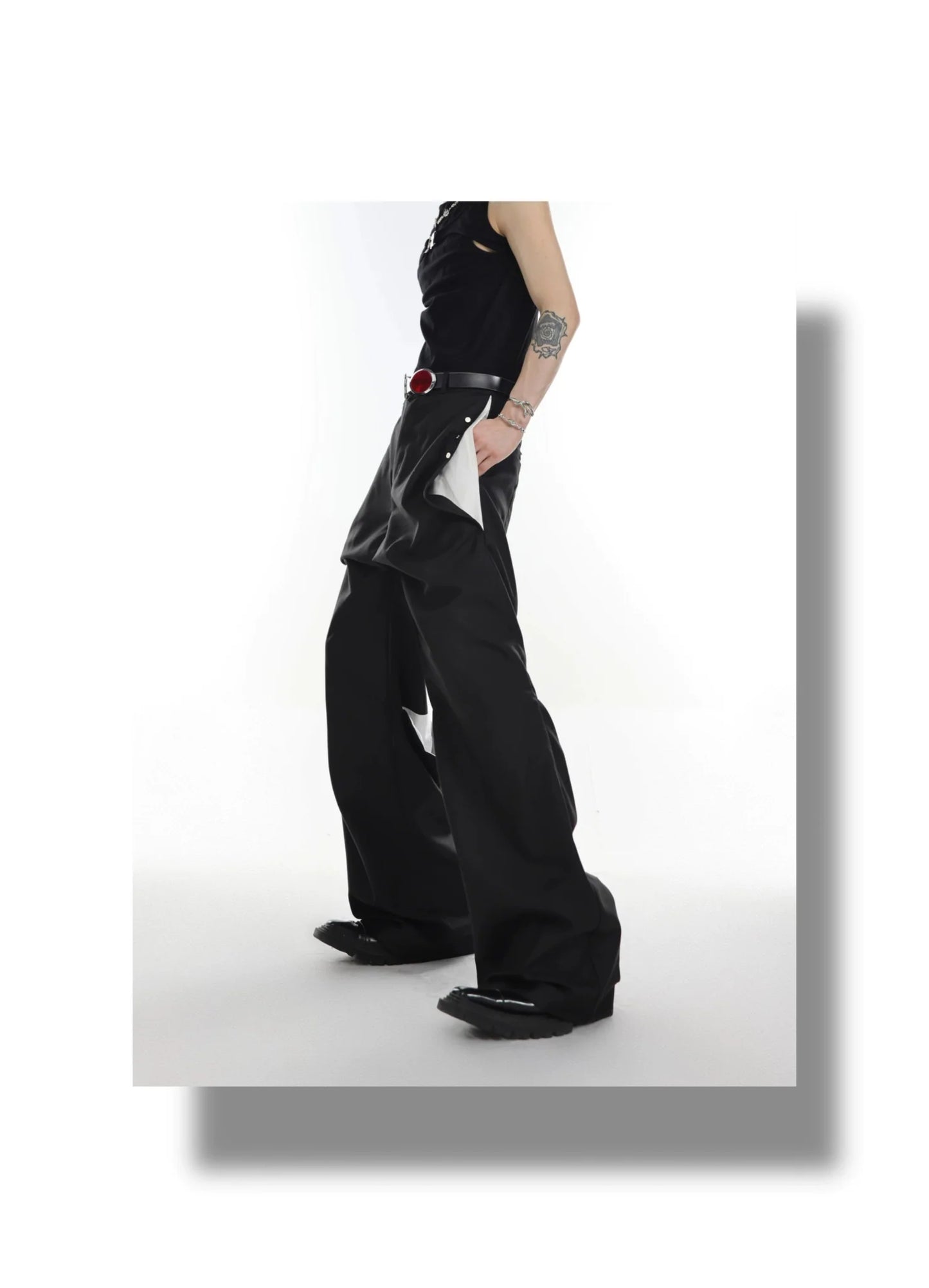 Versatile High-Waisted Flared Pants with Spliced and Metal Button Detail