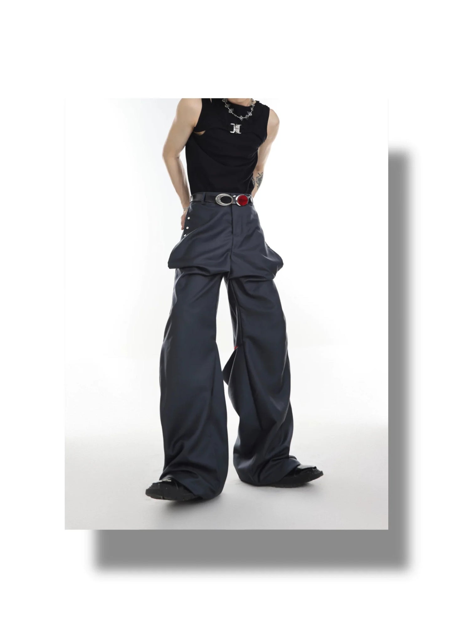 Versatile High-Waisted Flared Pants with Spliced and Metal Button Detail