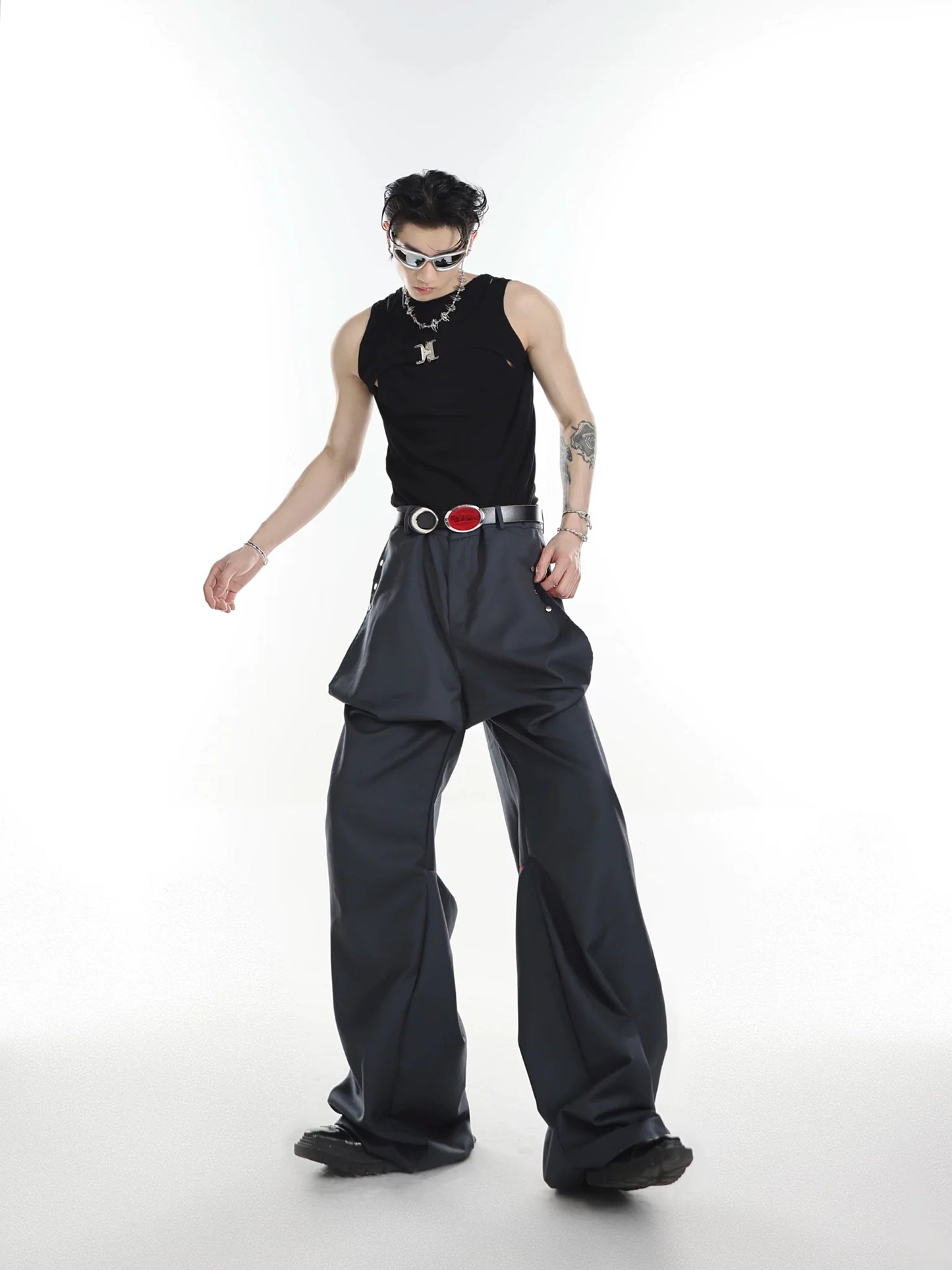 Versatile High-Waisted Flared Pants with Spliced and Metal Button Detail