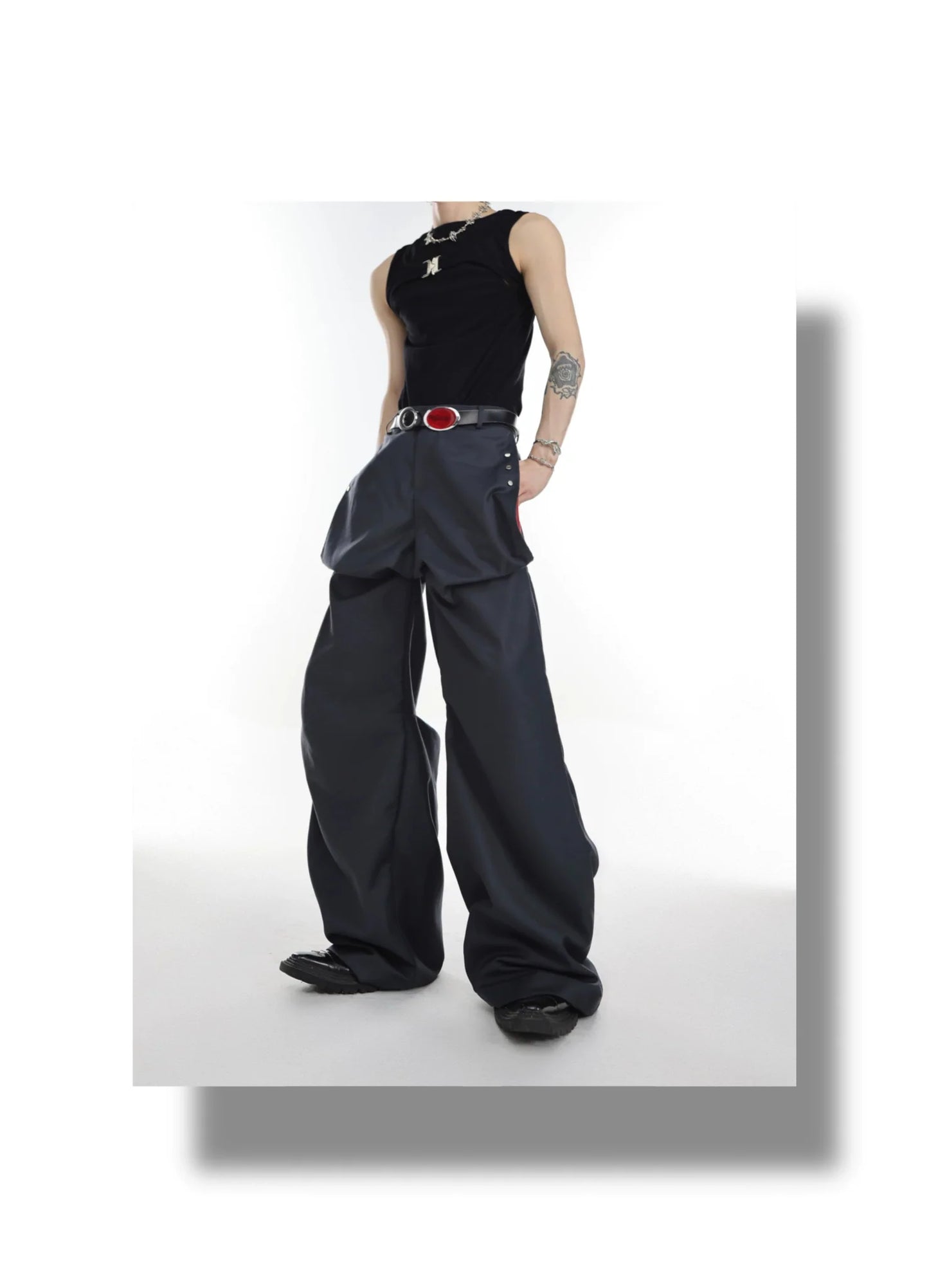 Versatile High-Waisted Flared Pants with Spliced and Metal Button Detail