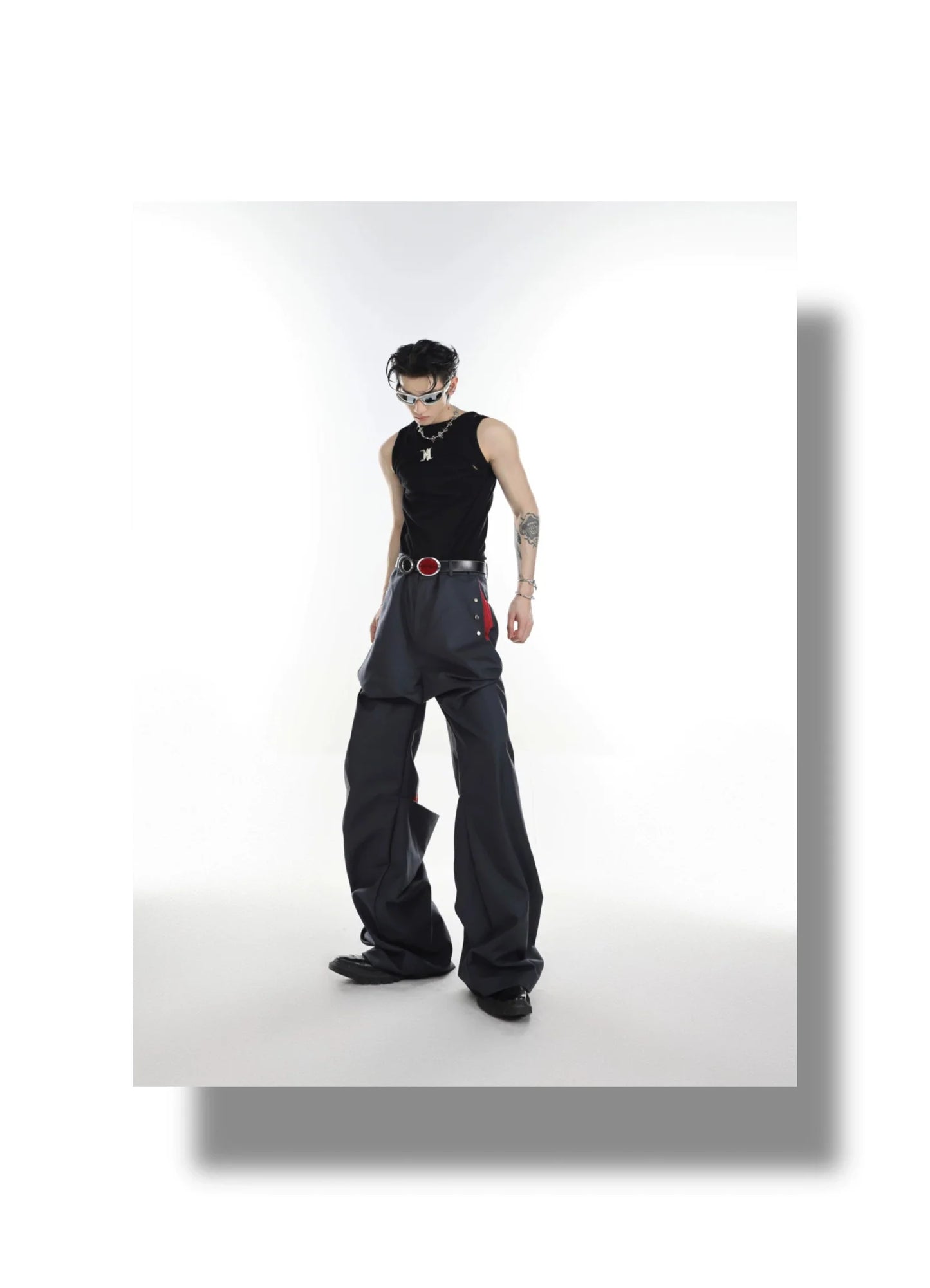 Versatile High-Waisted Flared Pants with Spliced and Metal Button Detail