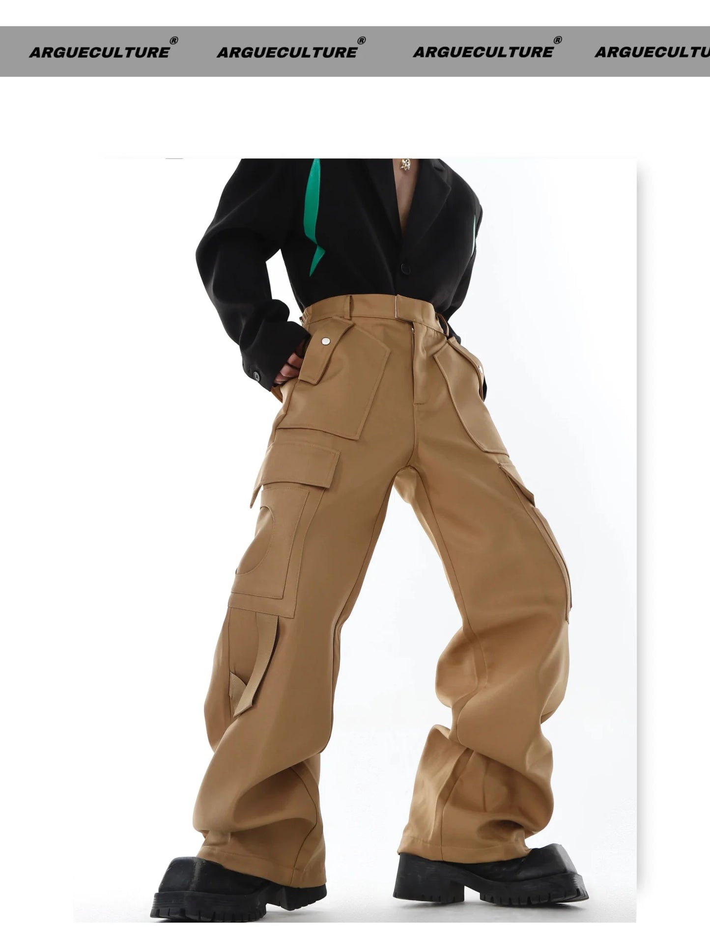 Versatile Wide-Leg Cargo Pants with Mirror Panel Patchwork