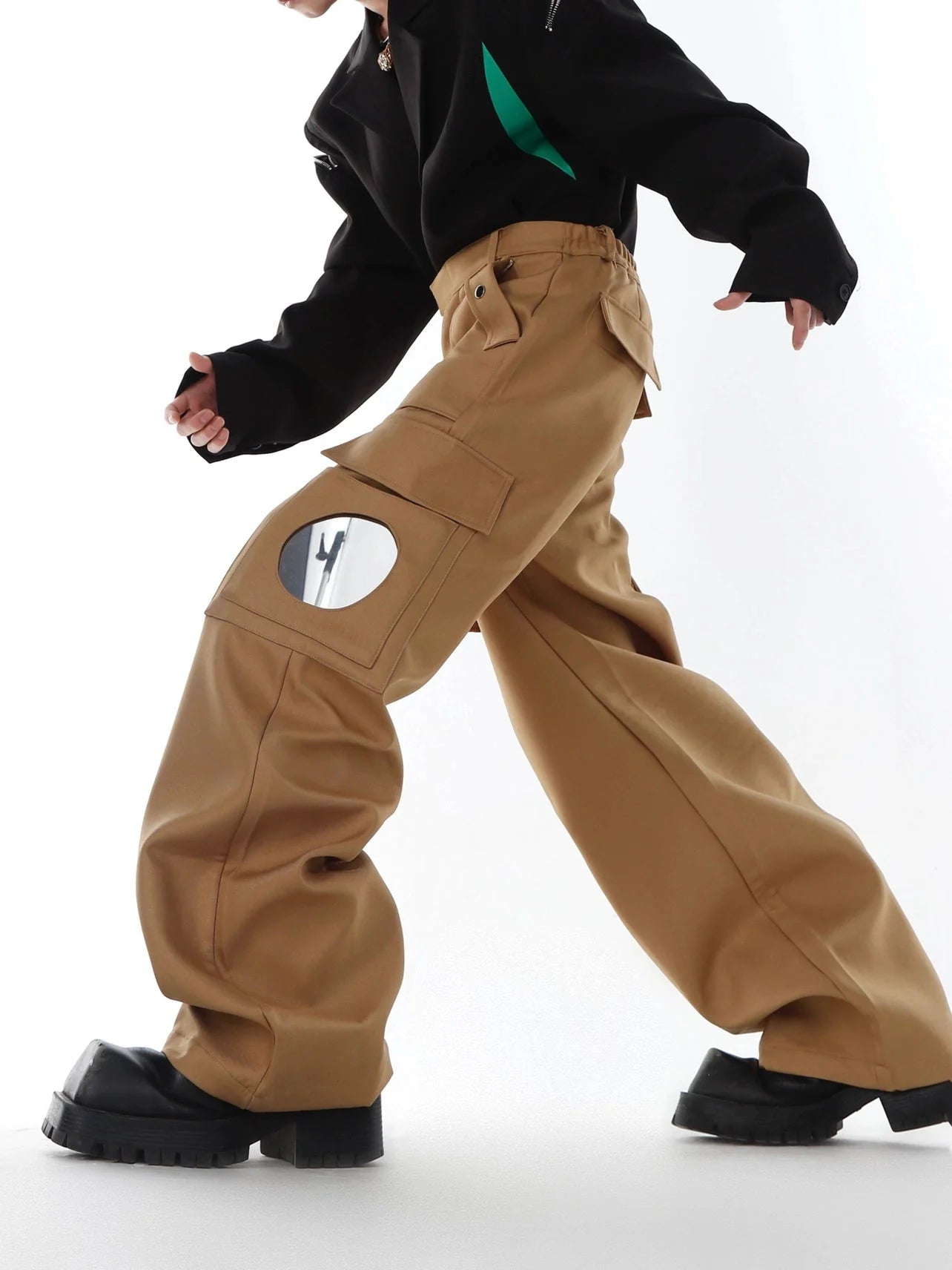 Versatile Wide-Leg Cargo Pants with Mirror Panel Patchwork