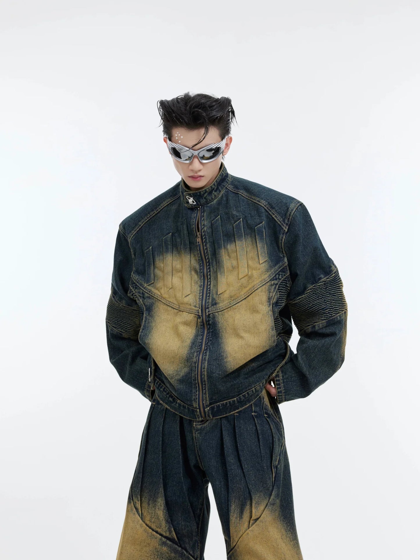 Vintage Distressed Deconstructed Denim Suit | 3D Embossed Jacket Set