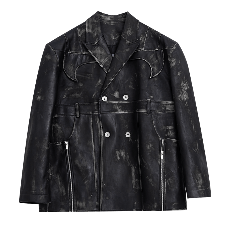 Vintage Distressed Faux Leather Blazer | Padded Shoulder Structured Suit in Unisex Style