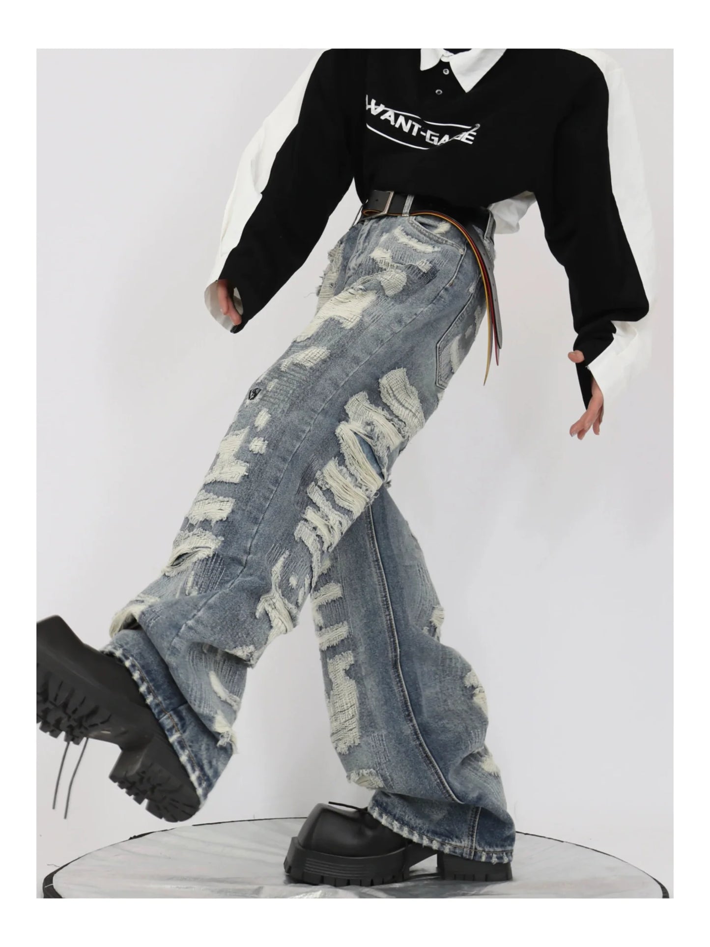 Vintage Distressed Heavy Duty Denim Jeans Wide-Leg Pants