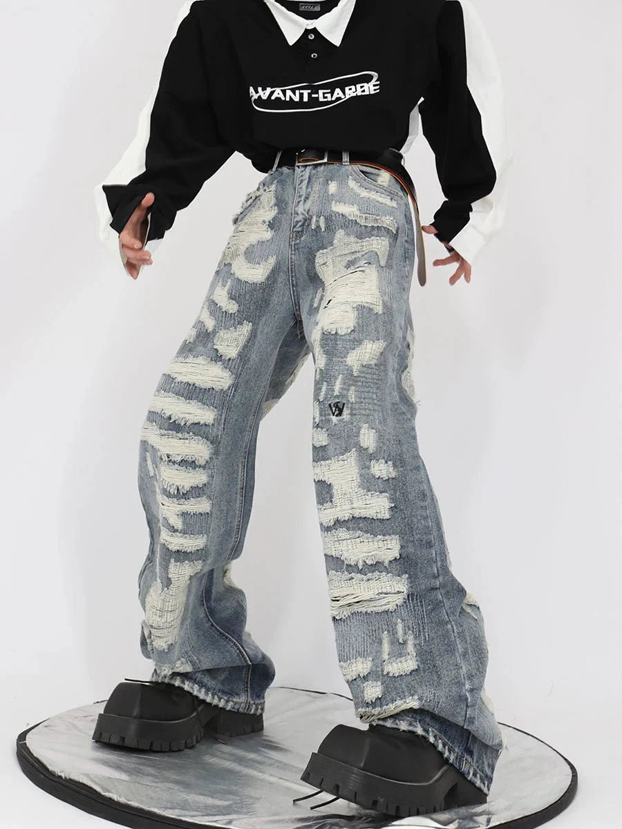 Vintage Distressed Heavy Duty Denim Jeans Wide-Leg Pants