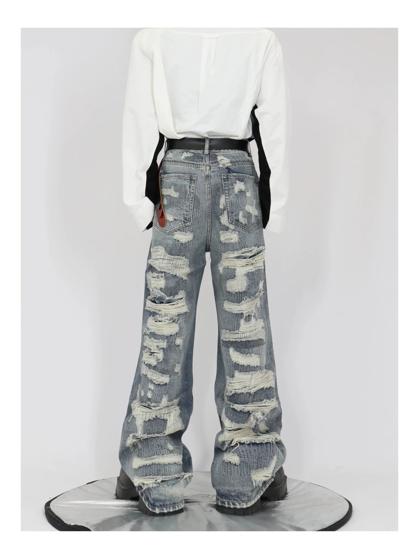 Vintage Distressed Heavy Duty Denim Jeans Wide-Leg Pants