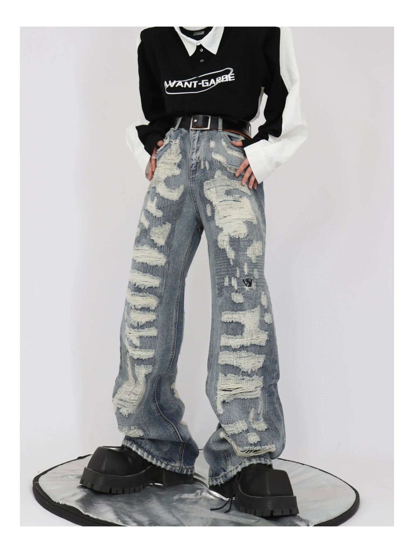 Vintage Distressed Heavy Duty Denim Jeans Wide-Leg Pants