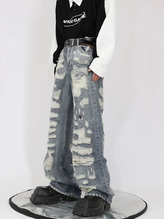 Vintage Distressed Heavy Duty Denim Jeans Wide-Leg Pants