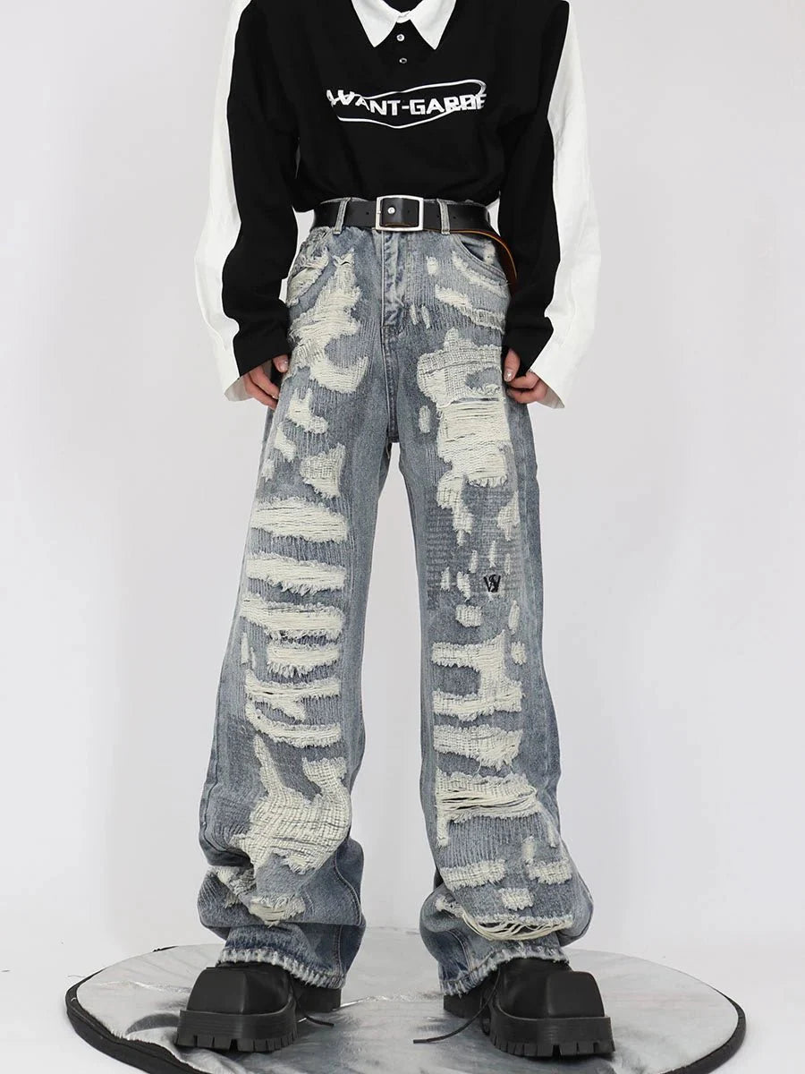 Vintage Distressed Heavy Duty Denim Jeans Wide-Leg Pants