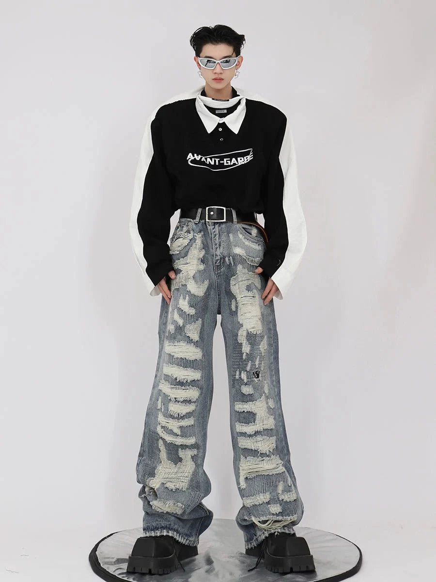 Vintage Distressed Heavy Duty Denim Jeans Wide-Leg Pants