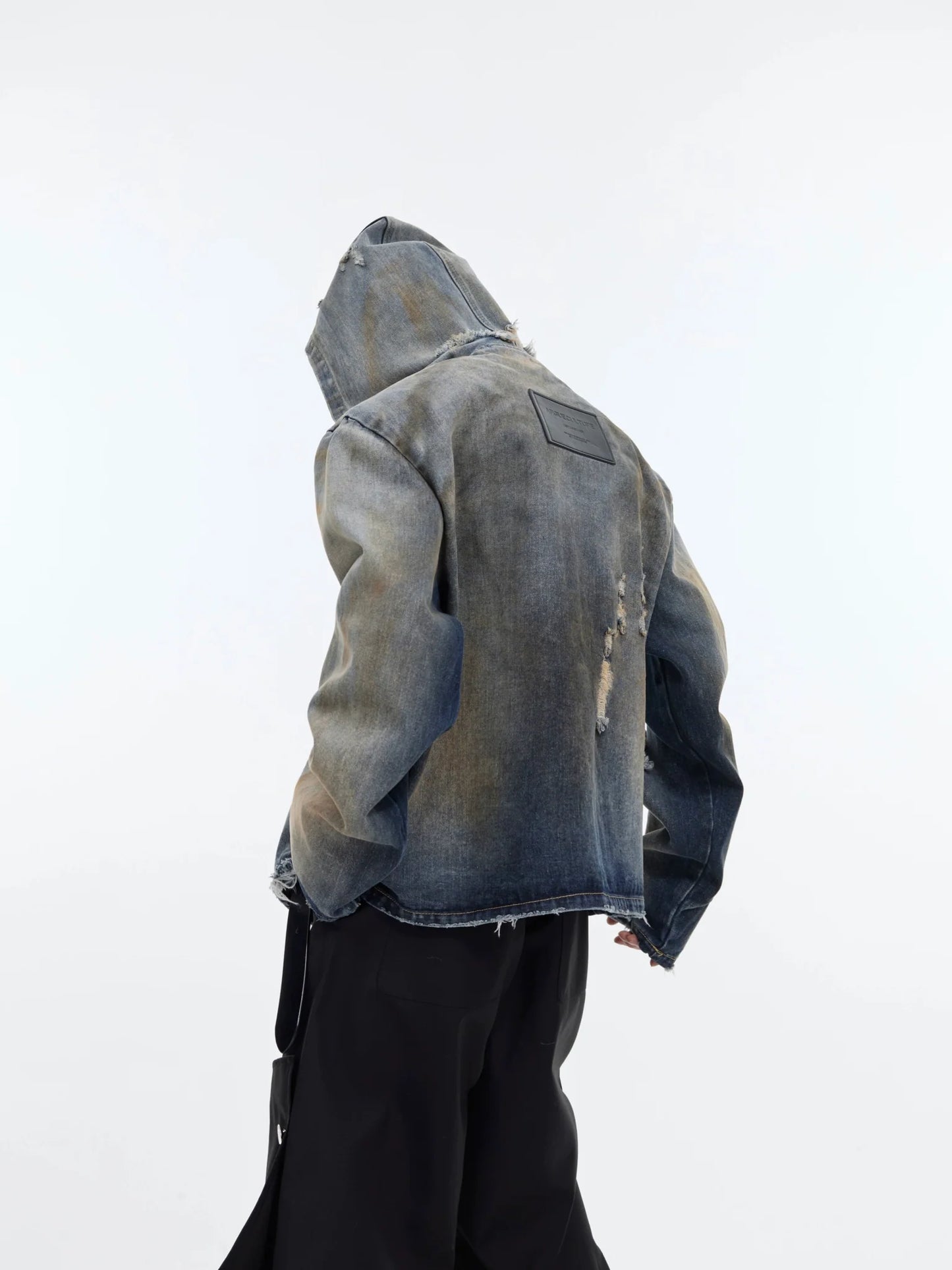 Vintage Distressed Hooded Denim Jacket | Structured Shoulder Destroyed Coat