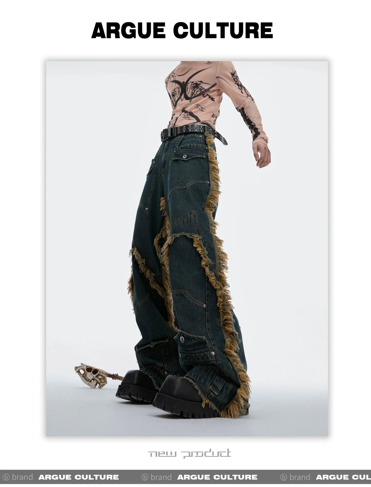 Vintage Fringe Studded Distressed Denim Pants with Deconstructed