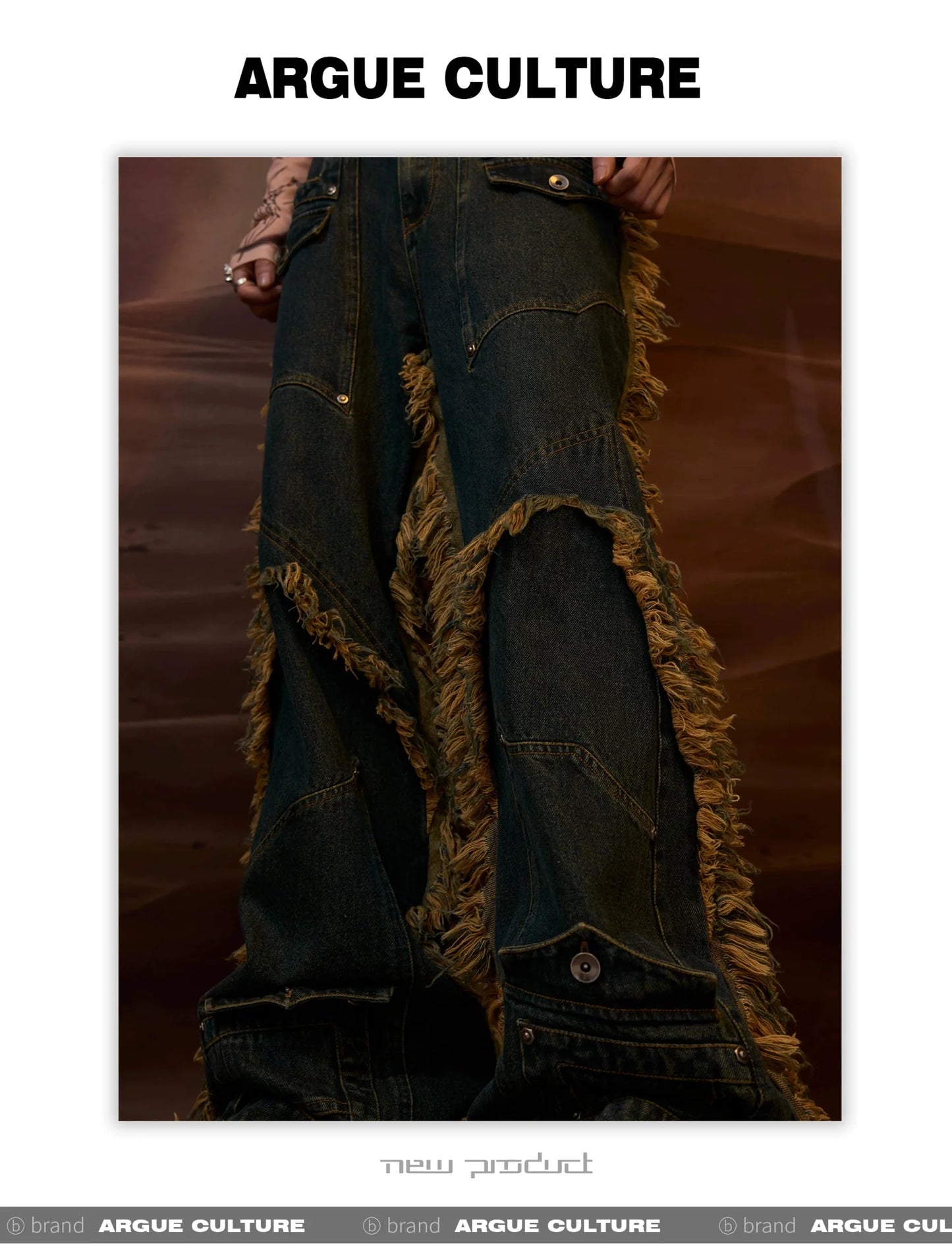 Vintage Fringe Studded Distressed Denim Pants with Deconstructed